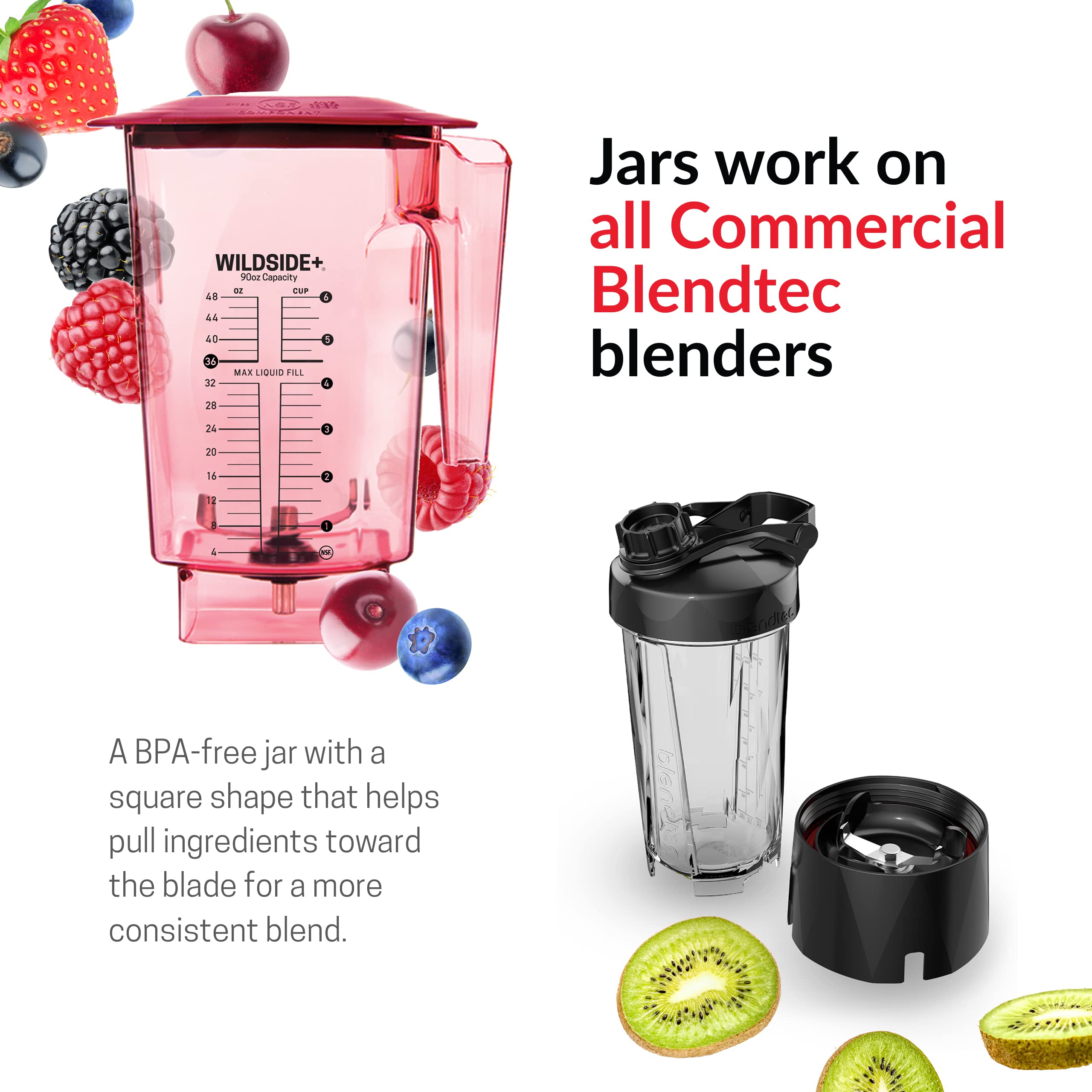 Blendtec 90 oz WildSide Commercial Blender Jar - 5-Sided Replacement Pitcher for Blendtec Blenders - 36 oz Blending Capacity - Red - Perfect for Smoothies, Soups & Nut Butters in Restaurants & Homes