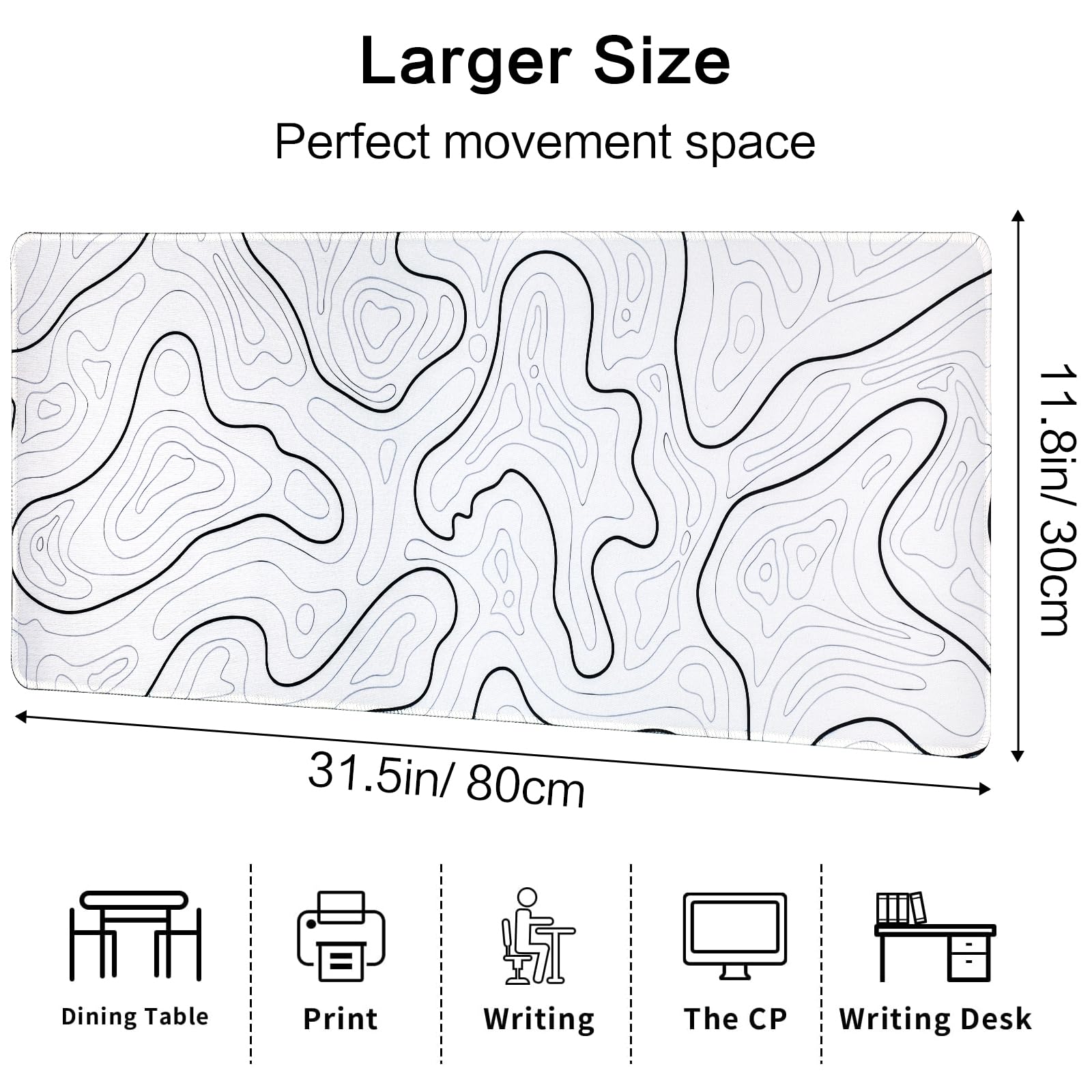 Large White Topographic Gaming Mouse Pad - 31.5''x11.8'' XL Desk Mat for Computer, Laptop, Keyboard | Perfect for Gaming, Office Work & Home Use