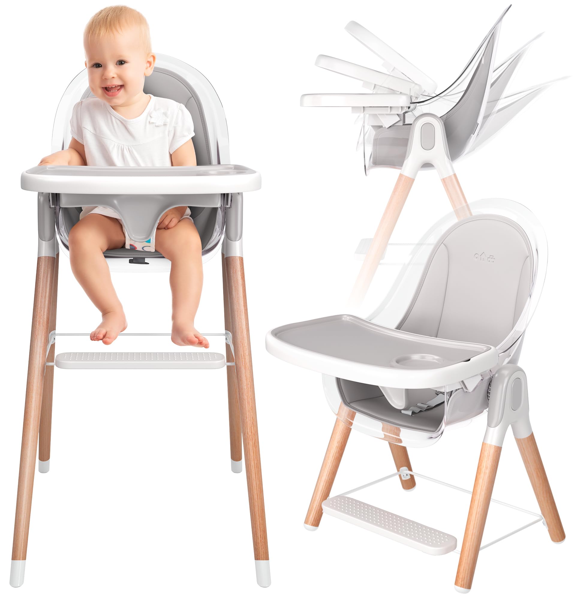 6-in-1 Deluxe Wooden High Chair for Babies & Toddlers - Modern Safe & Compact Baby Highchair with Removable Tray & Cushion - Easy to Clean & Assemble - 6 Configurations, 3 Seat Positions & 2 Height Adjustments - Perfect for Dining, Feeding & Playtime at Home