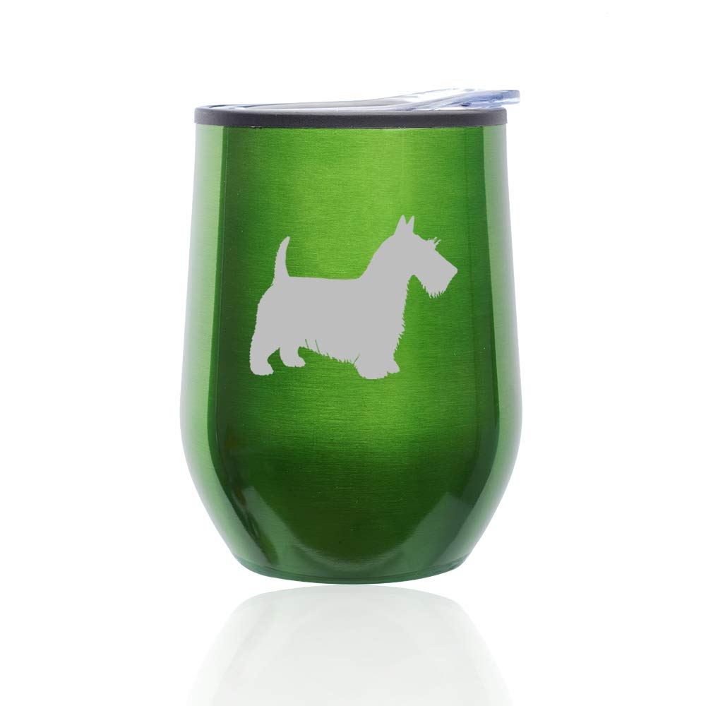 Stemless Wine Tumbler with Lid - Insulated Coffee Travel Mug Glass - Cute Scottie Scottish Terrier Dog Design (Green) - Perfect for Hot/Cold Drinks, Office, Picnics & Gifts