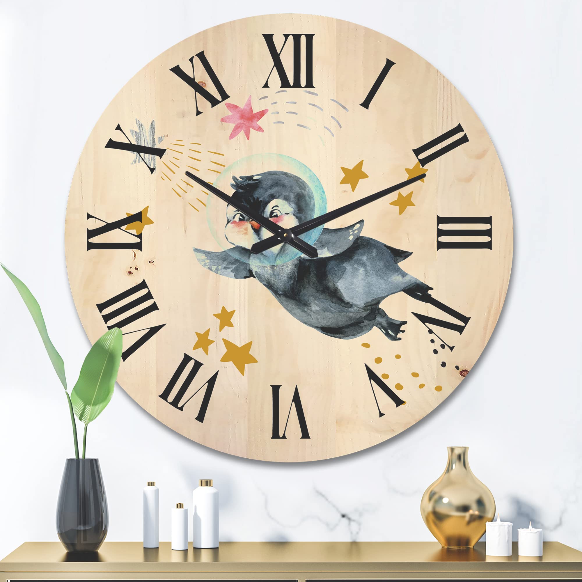 DesignQ 'Little Penguin Flying Planets and Stars' Large Farmhouse Wood Wall Clock - Oversized Decorative Animal Wall Clock for Living Room, Bedroom & Office Décor | Perfect for Home, Office & Gift Giving