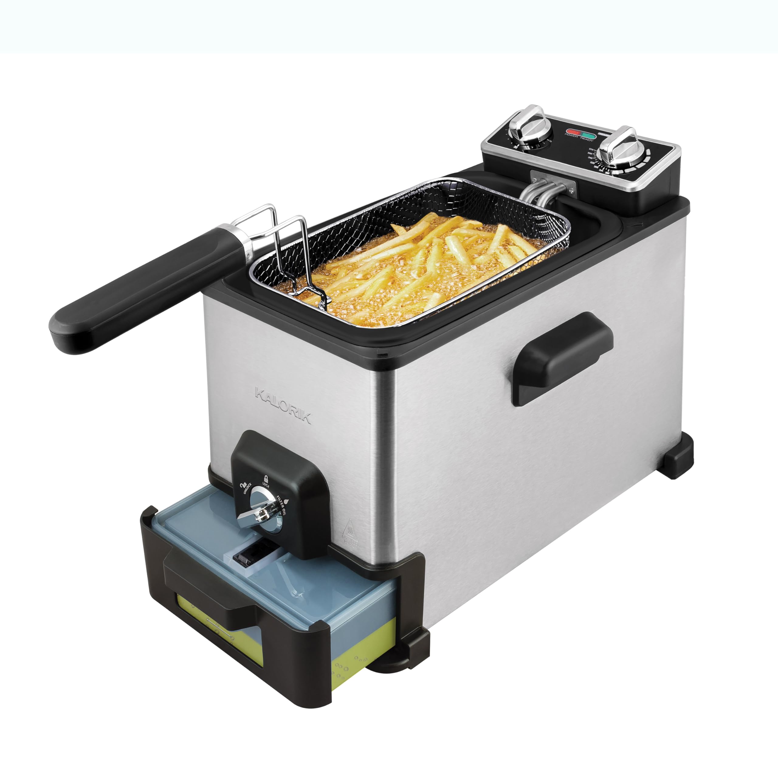 Kalorik 4.2 Quart XL Stainless Steel Deep Fryer with Oil Filtration System - Perfect for Home Kitchen, Restaurants & Catering (Model FT 44466 BK)