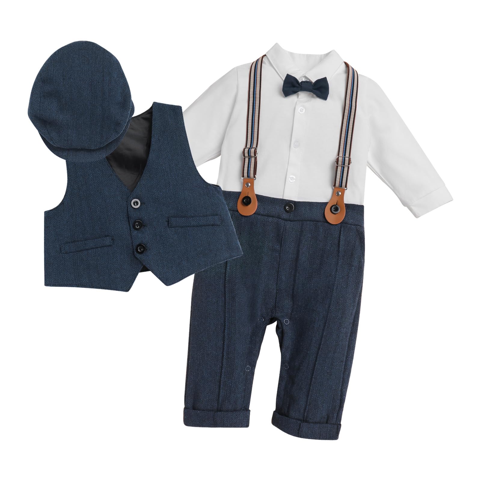 IDOPIP Baby Boy Gentleman Outfit - Formal Tuxedo Suit with Bowtie, Vest & Hat - Romper Overalls for Birthday, Wedding & Party | Perfect for Special Occasions & Photo Shoots