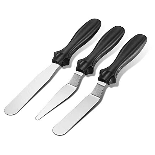 Premium 3-Piece Silicone Spatula Set - Small Angled Stainless Steel Palette Knife, Cake & Fondant Tool, Large Kitchen Fish Spatula (Black) - Perfect for Baking, Cake Decorating & Cooking