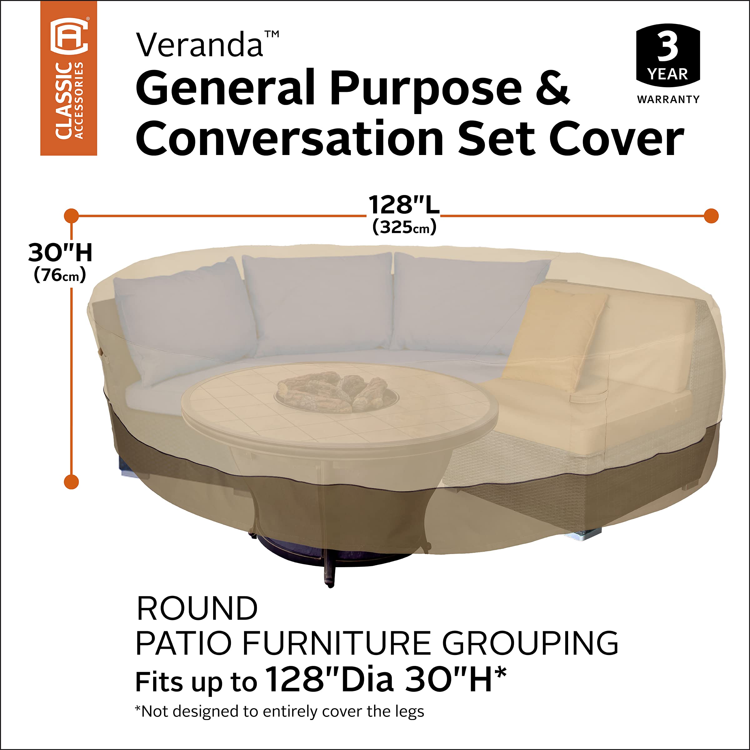 Classic Accessories Veranda 128-Inch Round Water-Resistant Patio Furniture Cover - Outdoor Protection for Chairs, Tables & Garden Furniture in All Weather Conditions