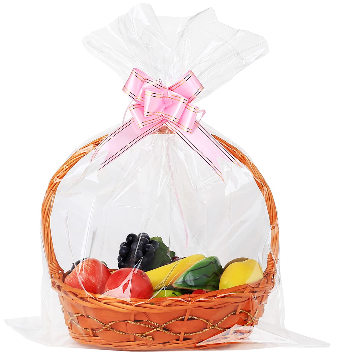 50 Pack Large Clear Cellophane Bags 18x24 Inches - 2.3 Mil Thick Gift Wrapping Bags for Fruit Baskets, Treats, Arts & Crafts | Includes 50 Ribbon Bows | Perfect for Party Favors, Wedding Decorations & Holiday Gift Wrapping