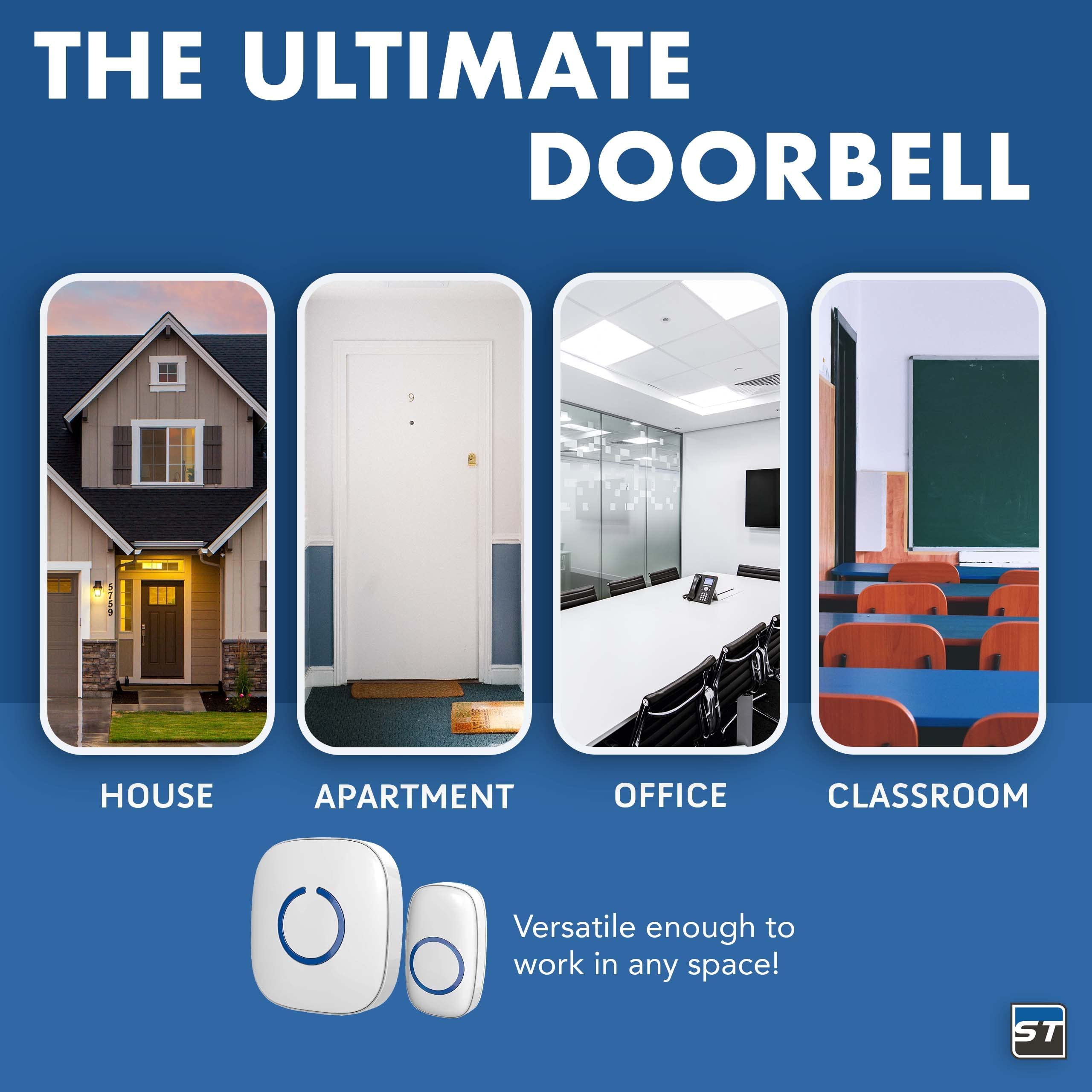 SadoTech Wireless Doorbell for Home - Battery Operated, 1000ft Range, LED Flash Alert, 1 Push Button & 2 Receivers, Matte Black - Perfect for Apartments, Houses & Offices