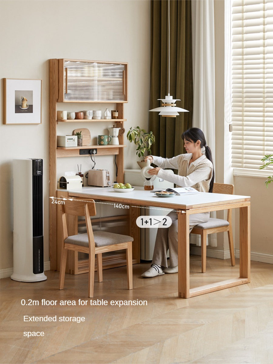 Solid Oak Wood Sideboard with Rock Board Top - Multifunctional Dining Room Storage Cabinet for Kitchen, Living Room & Entryway Organization