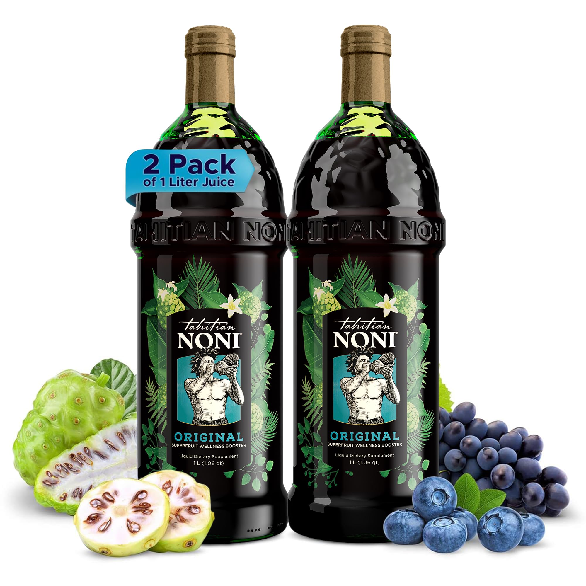 TAHITIAN NONI Juice by Morinda - Authentic Noni Fruit Puree from Tahiti with Blueberry & Grape (Resveratrol) | All-Natural Daily Wellness Drink | 2-Pack (1 Liter Each) | Immune Support & Antioxidant Boost | Perfect for Morning Routine & Healthy Lifestyle