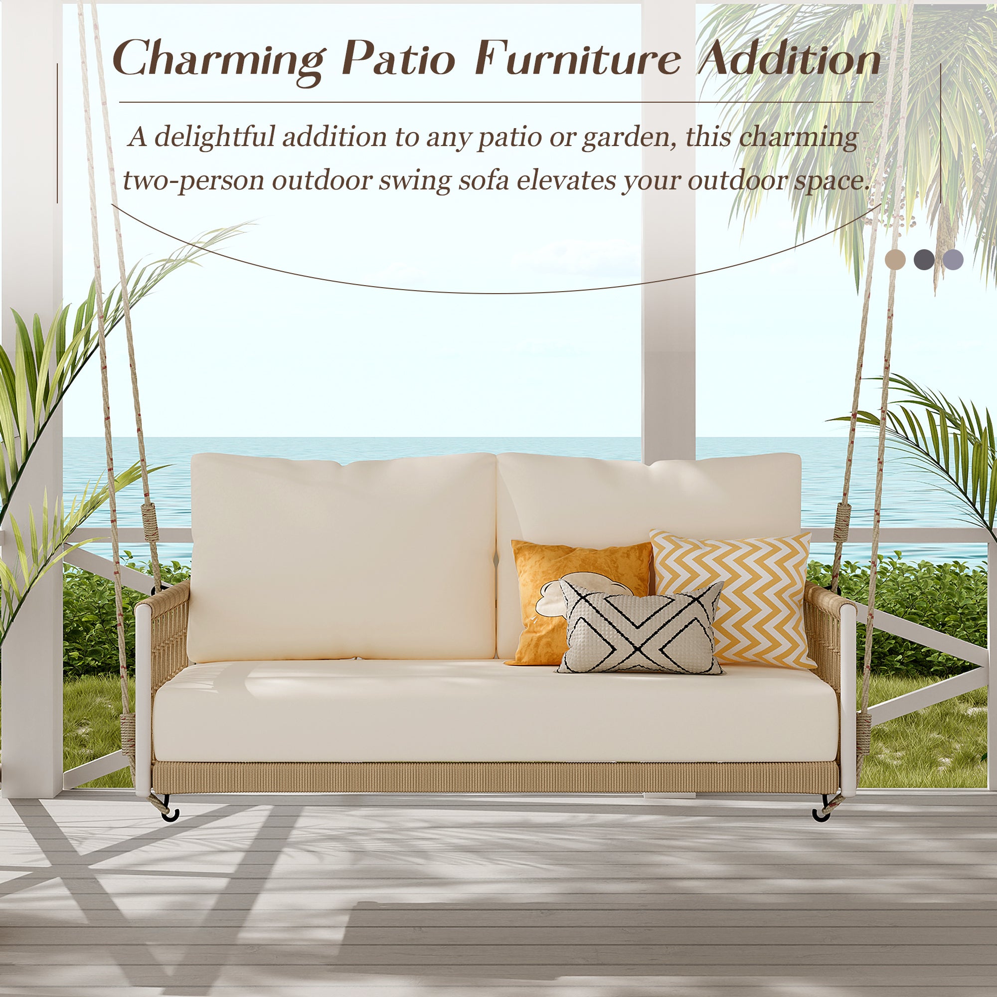 1 Piece Woven Rope Outdoor Swing Sofa with Soft Cushions - Seats 2 People - Perfect for Patio, Garden, Backyard, Balcony & Poolside Relaxation (Beige)