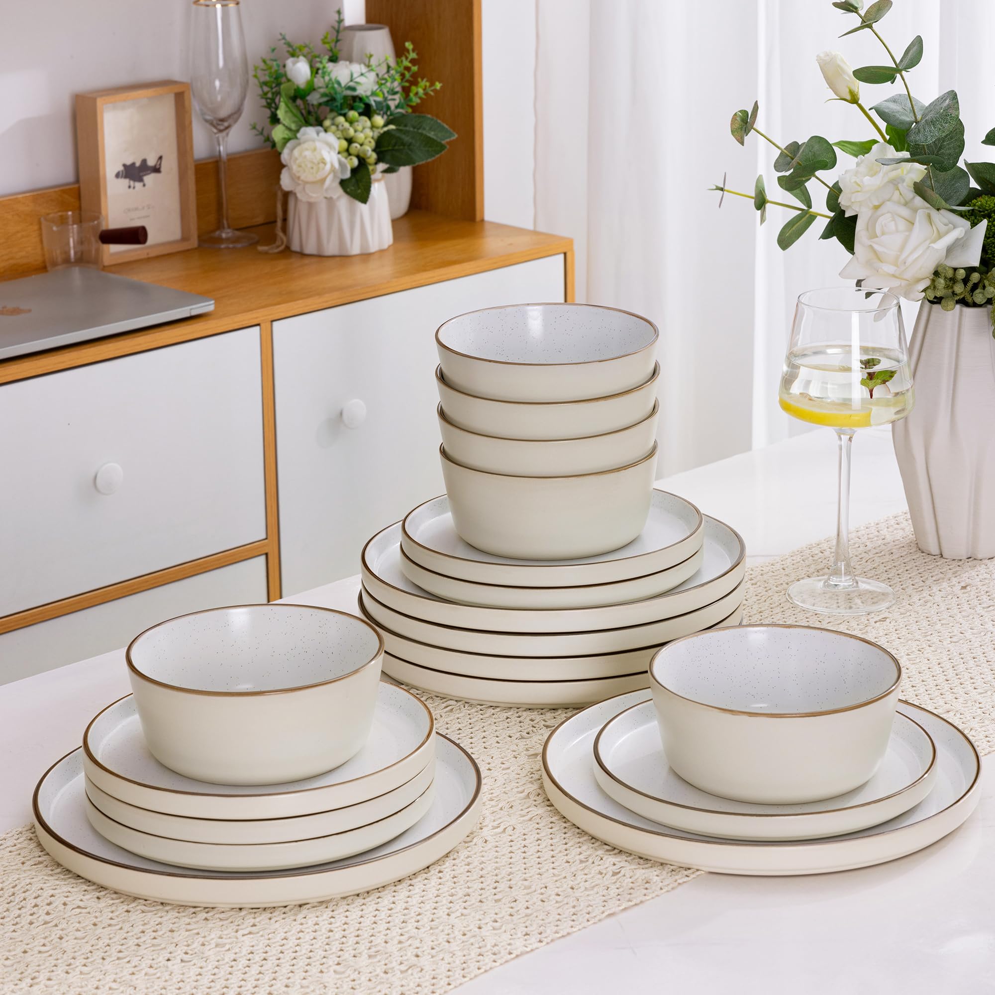 AmorArc 18-Piece Ceramic Dinnerware Set - 6 Plates & Bowls, Chip & Crack Resistant, Dishwasher & Microwave Safe for Everyday Use, Family Dinners & Entertaining Guests