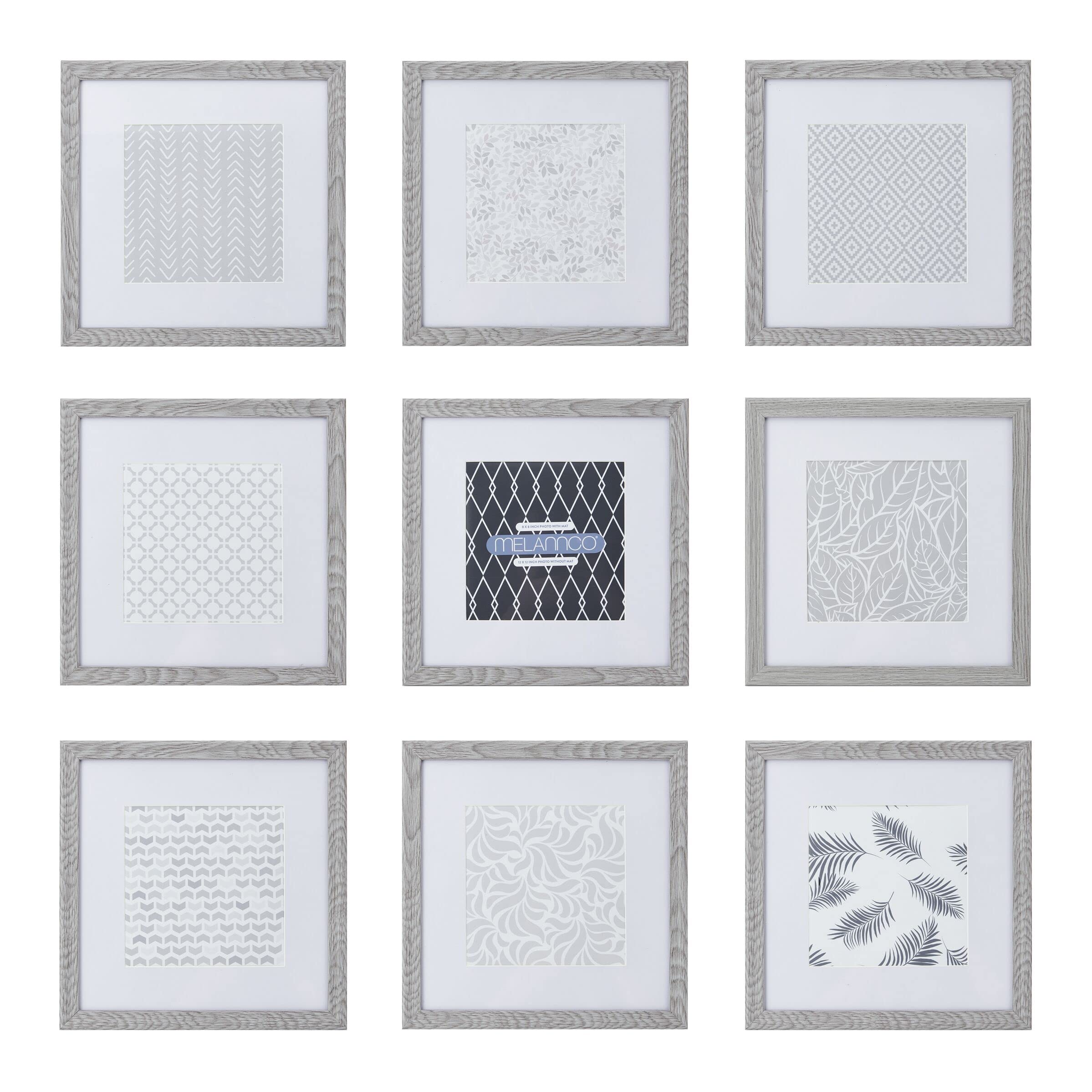 Melannco Set of 9 Gray Wood Photo Frames - 12.8 x 12.8 Inch - Holds 12x12 Photos Without Mat or 8x8 Photos With Mat - Perfect for Wall Gallery, Home Decor, and Picture Display