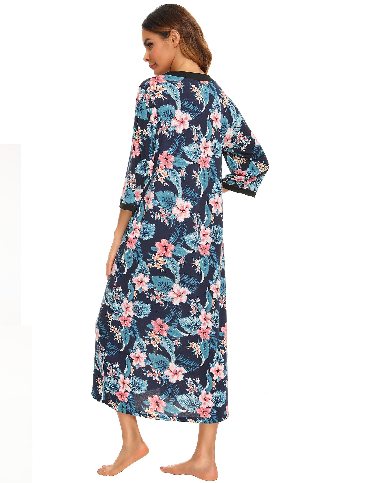Bloggerlove Women's Zip Up Cotton Robe - Long House Coat with Half Sleeves, Comfy Sleepwear & Nightgown for Lounging, Sleeping & Relaxing at Home