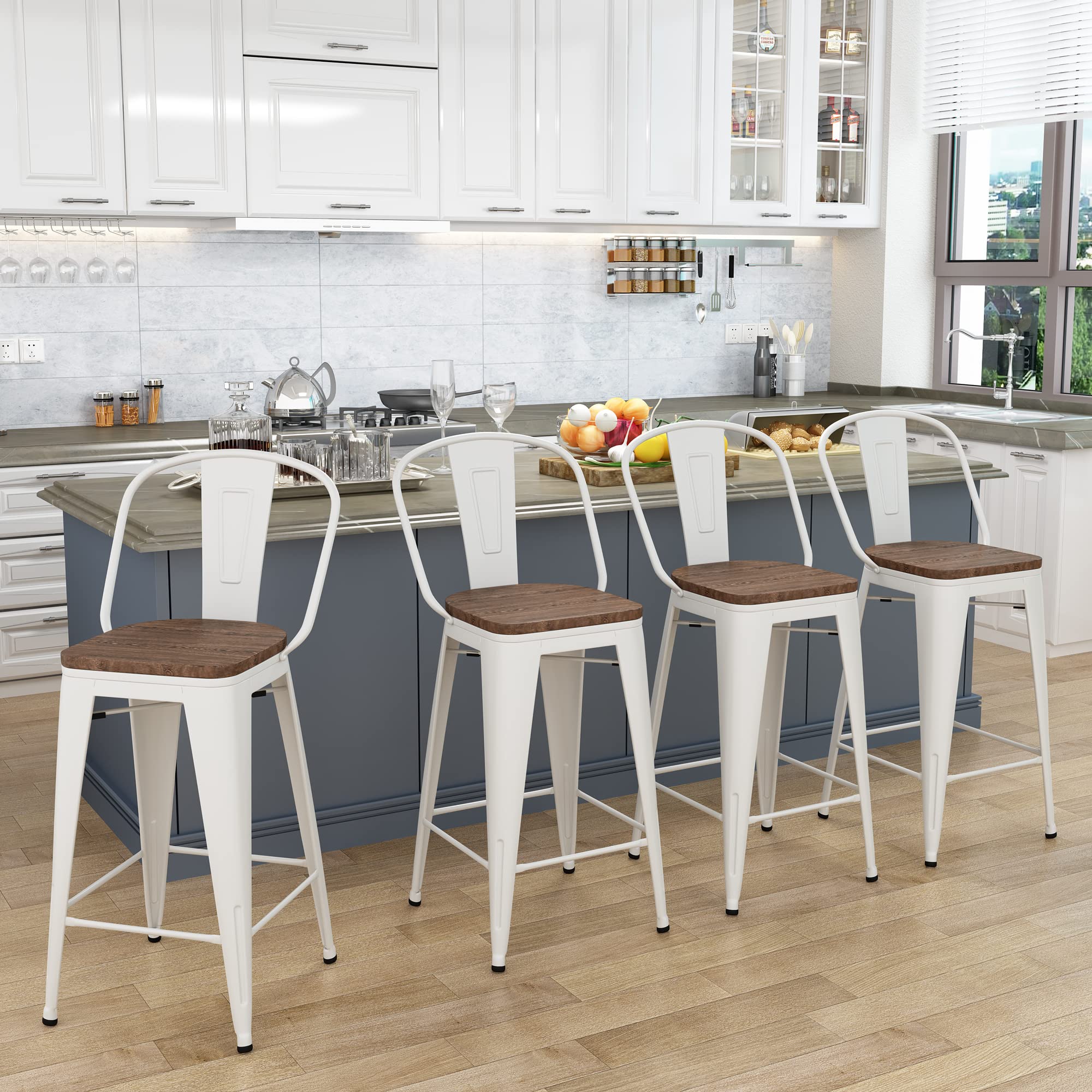 Yongqiang 30 Inch Bar Stools Set of 4 - Farmhouse Style High Back Kitchen Bar Chairs with Large Wooden Seat - Cream White Metal Barstools for Kitchen Island, Breakfast Nook & Home Bar Decor