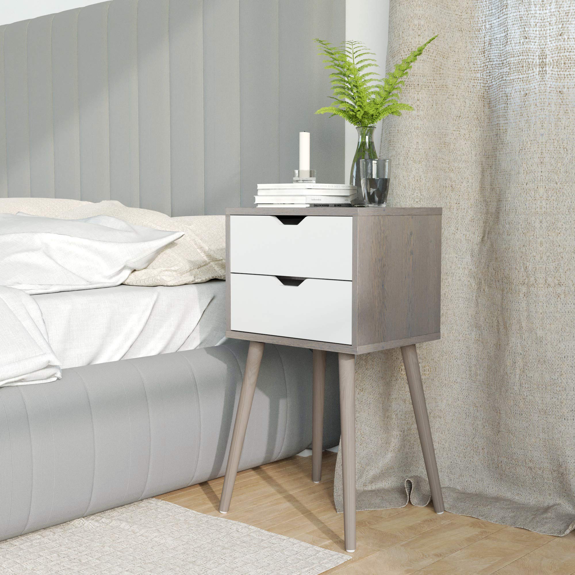JAXPETY Nightstands Set of 2 - Modern Bedside Tables with 2 Drawers & Solid Wood Legs, Large Storage End Tables for Bedroom, Living Room, Office - Light Grey - Perfect for Small Spaces & Apartment Decor