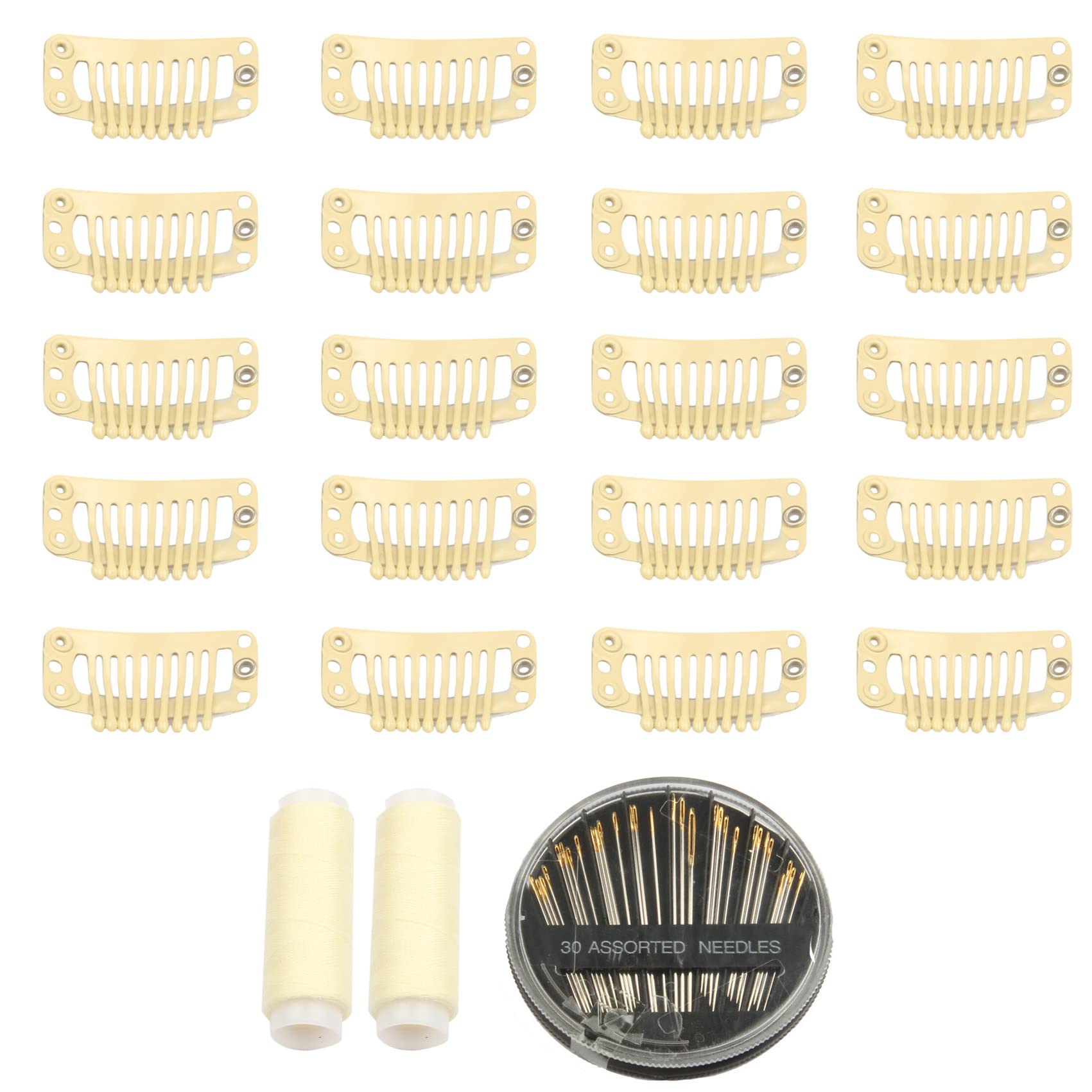 30pcs 9 Teeth Stainless Steel Snap Comb Wig Clips for Hair Extensions & Wigs - Includes 30 Assorted Sewing Needles & 2 Rolls Thread (Beige) - Perfect for Securing Hairpieces, Weaves & Cosplay Wigs