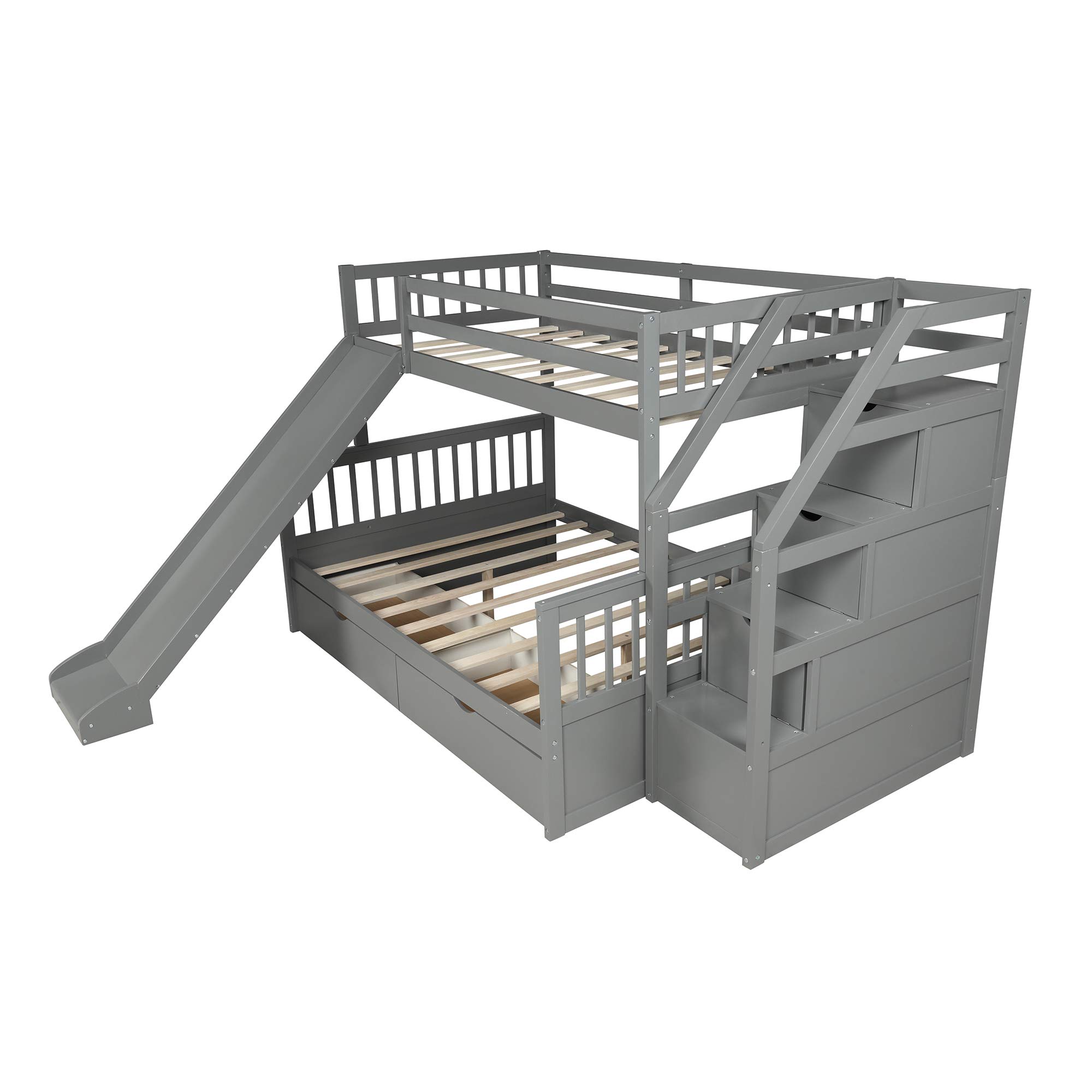 KLMM Twin Over Full Bunk Bed with Storage & Slide - Convertible for Kids & Adults (Gray) - Perfect for Small Spaces & Shared Rooms