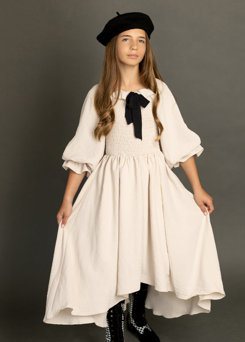 Odina Women's Ecru Dress - Elegant Flowy Midi Dress for Casual Wear, Office & Special Occasions