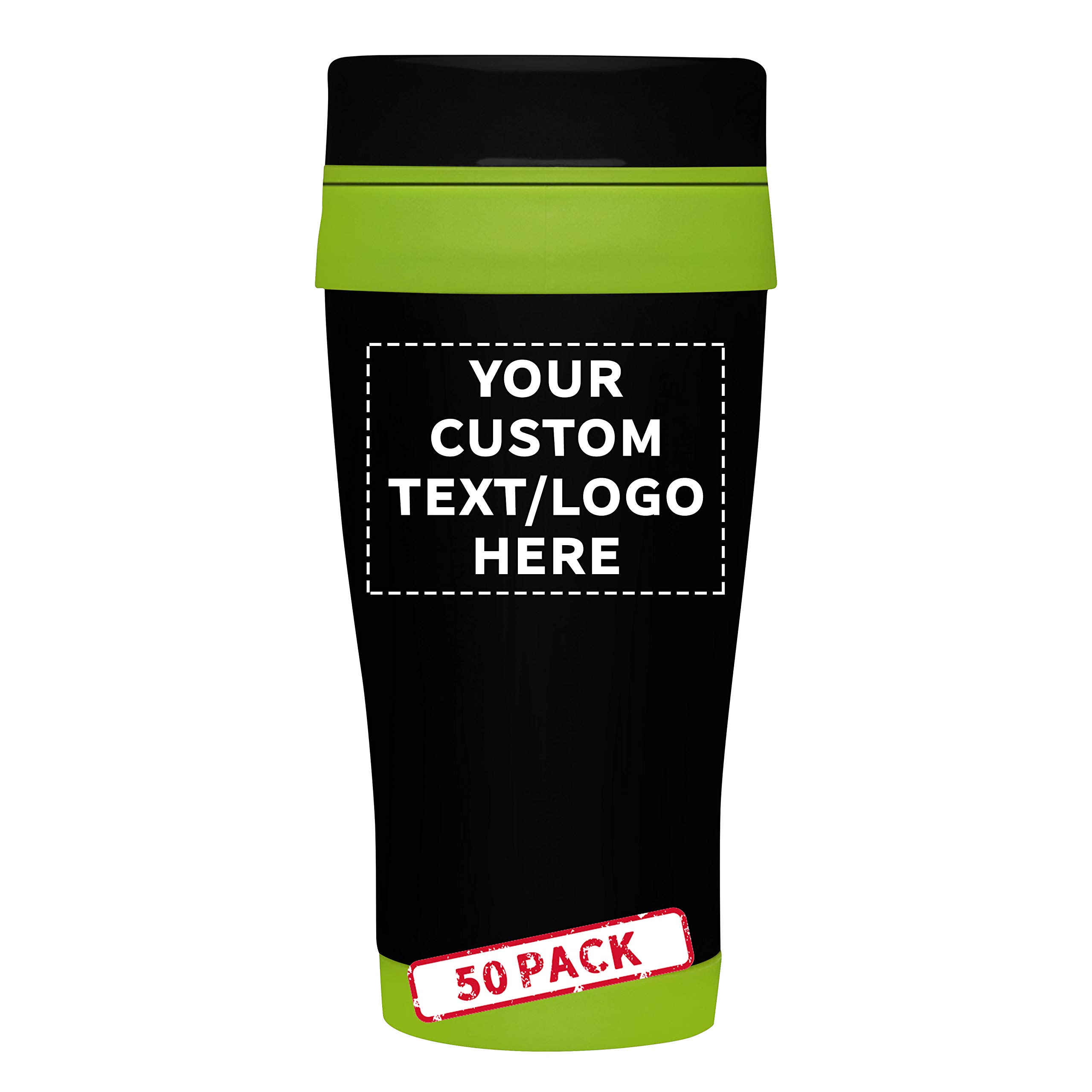 Custom 16 oz. Black Steel Travel Coffee Mugs - 50 Pack with Personalized Text & Logo in Lime Green - Perfect for Corporate Gifts, Promotional Events & Outdoor Adventures