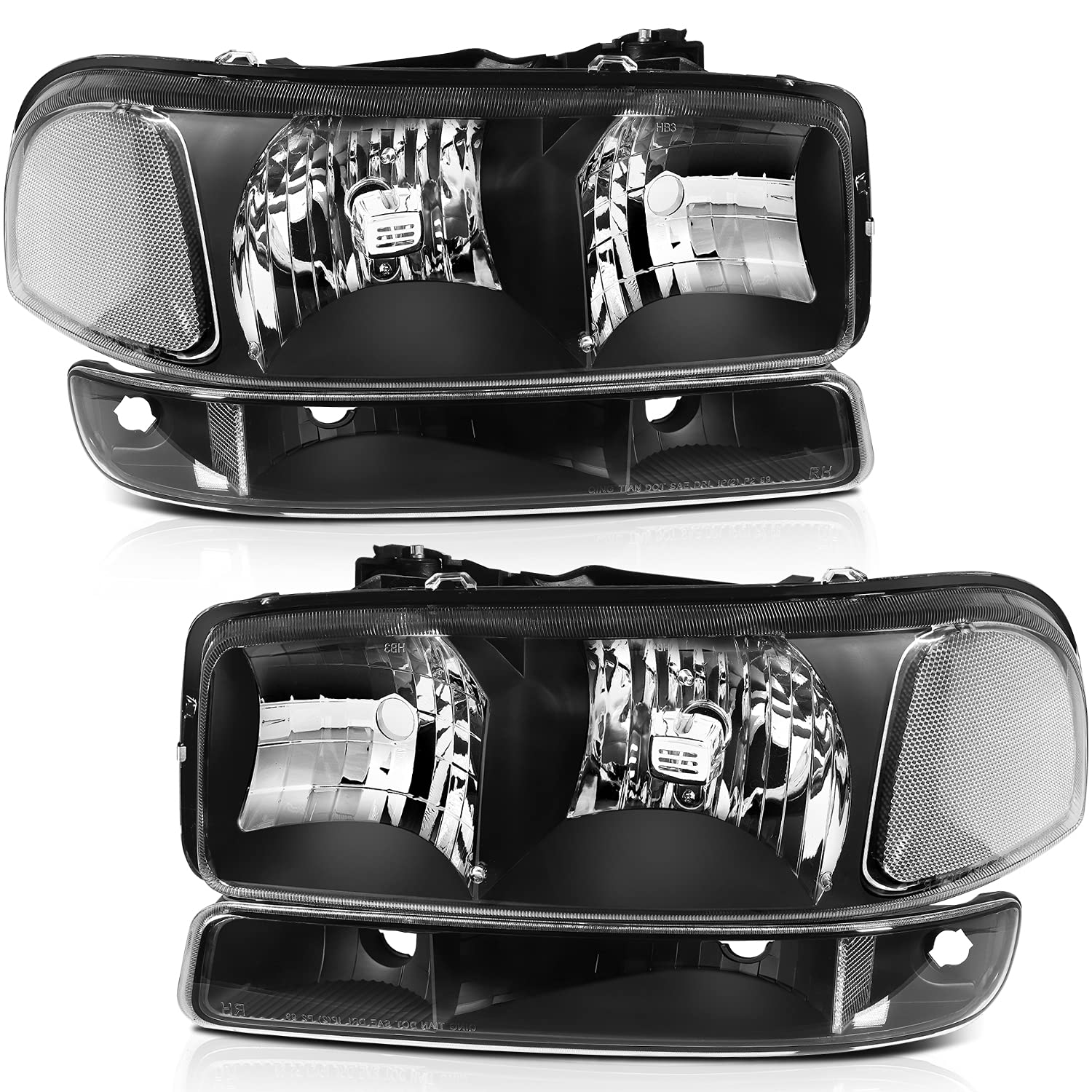 SCITOO Headlight Assembly for GMC Sierra/Yukon 1999-2006 - Black Headlights & Bumper Light for Off-Road & Night Driving