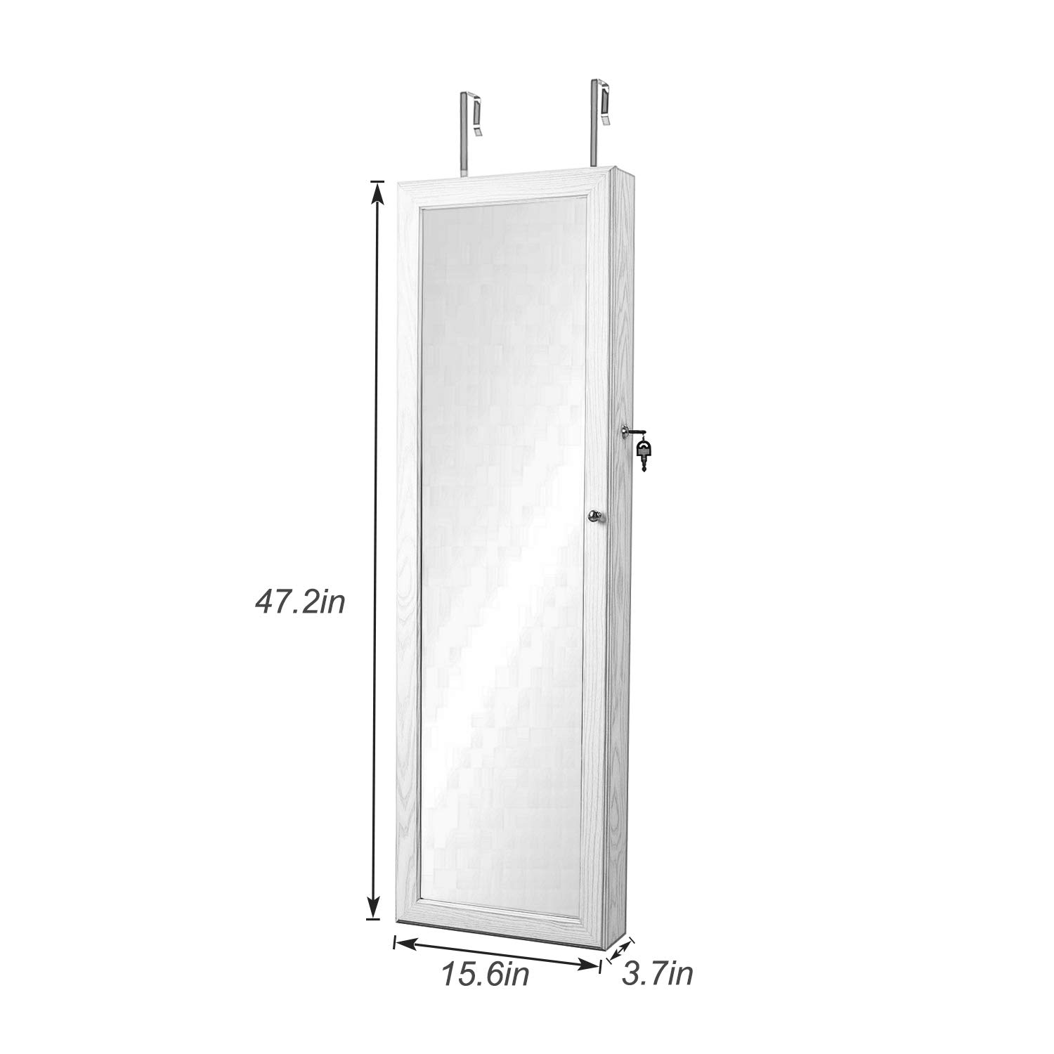 Soges Jewelry Armoire with Full-Length Mirror & LED Lights - Lockable Wall-Mounted Jewelry Cabinet Organizer with 2 Drawers, White - Perfect for Bedroom Closet, Dressing Room & Vanity Organization