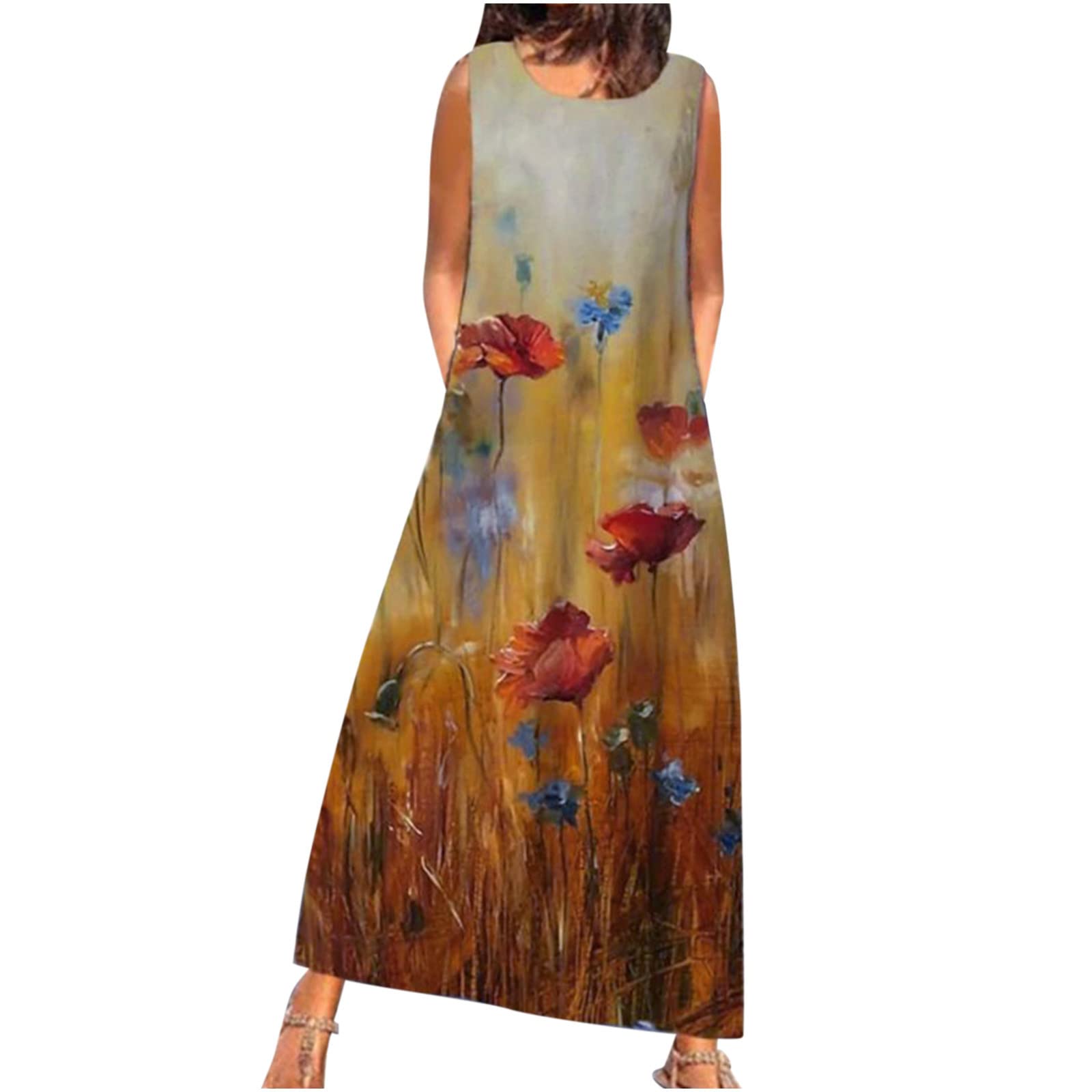 Women's Summer Beach Dress - Flowy Sleeveless Long Dress with Pockets, Round Neck & Tropical Print | Perfect for Vacations, Pool Parties & Casual Outings