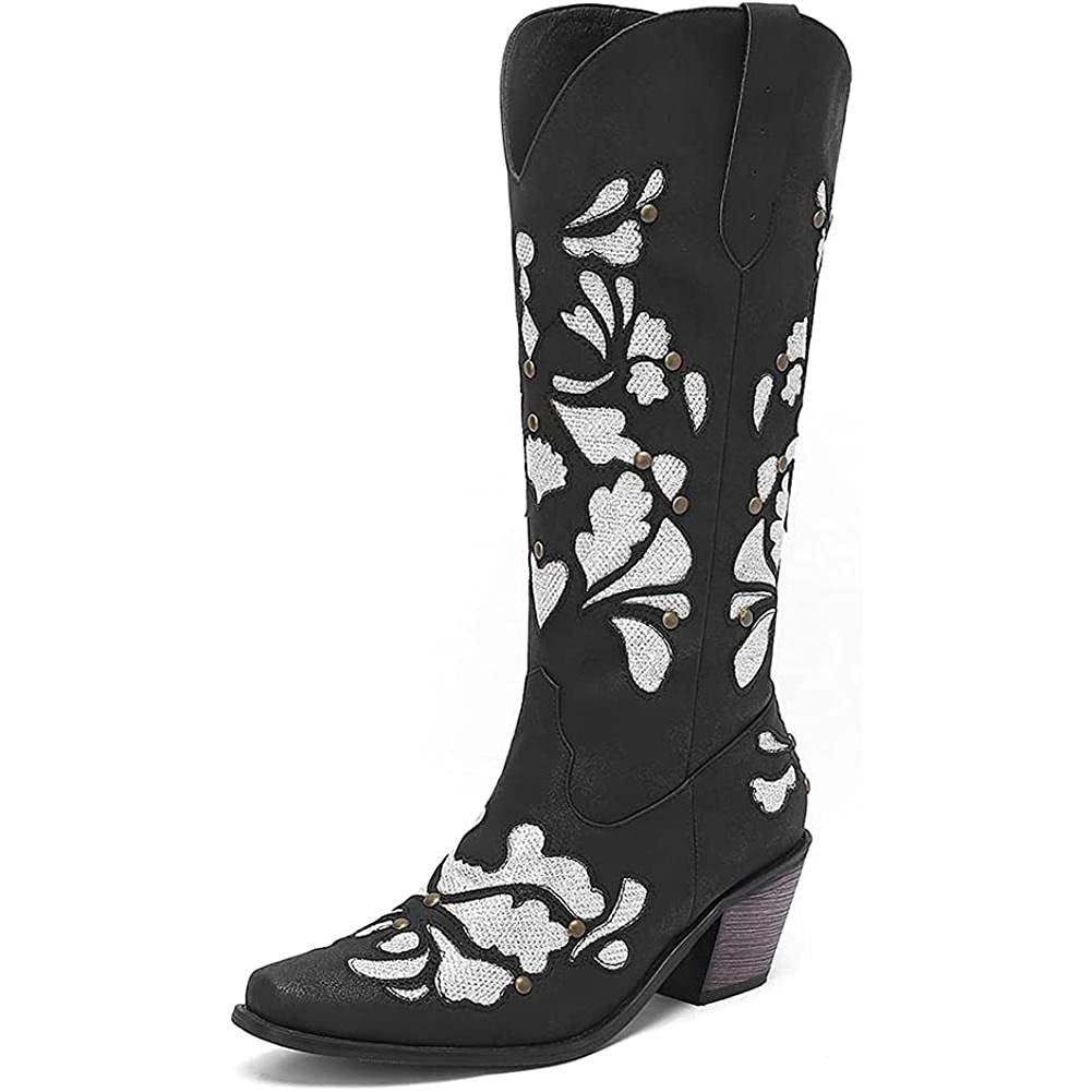 **Mikarka Women's Western Cowboy Boots - Pointed Toe, Low Chunky Heel, Embroidered & Studded Design for Rodeo & Country Style | Perfect for Parties, Concerts & Everyday Fashion**