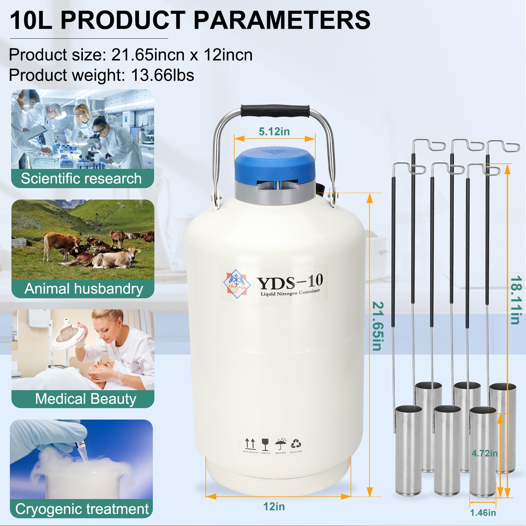 10L Aluminum Alloy Liquid Nitrogen Dewar Tank - Cryogenic Container for LN2 Storage with 6 Canisters - Ideal for Laboratory, Medical Sample Preservation & IVF Storage