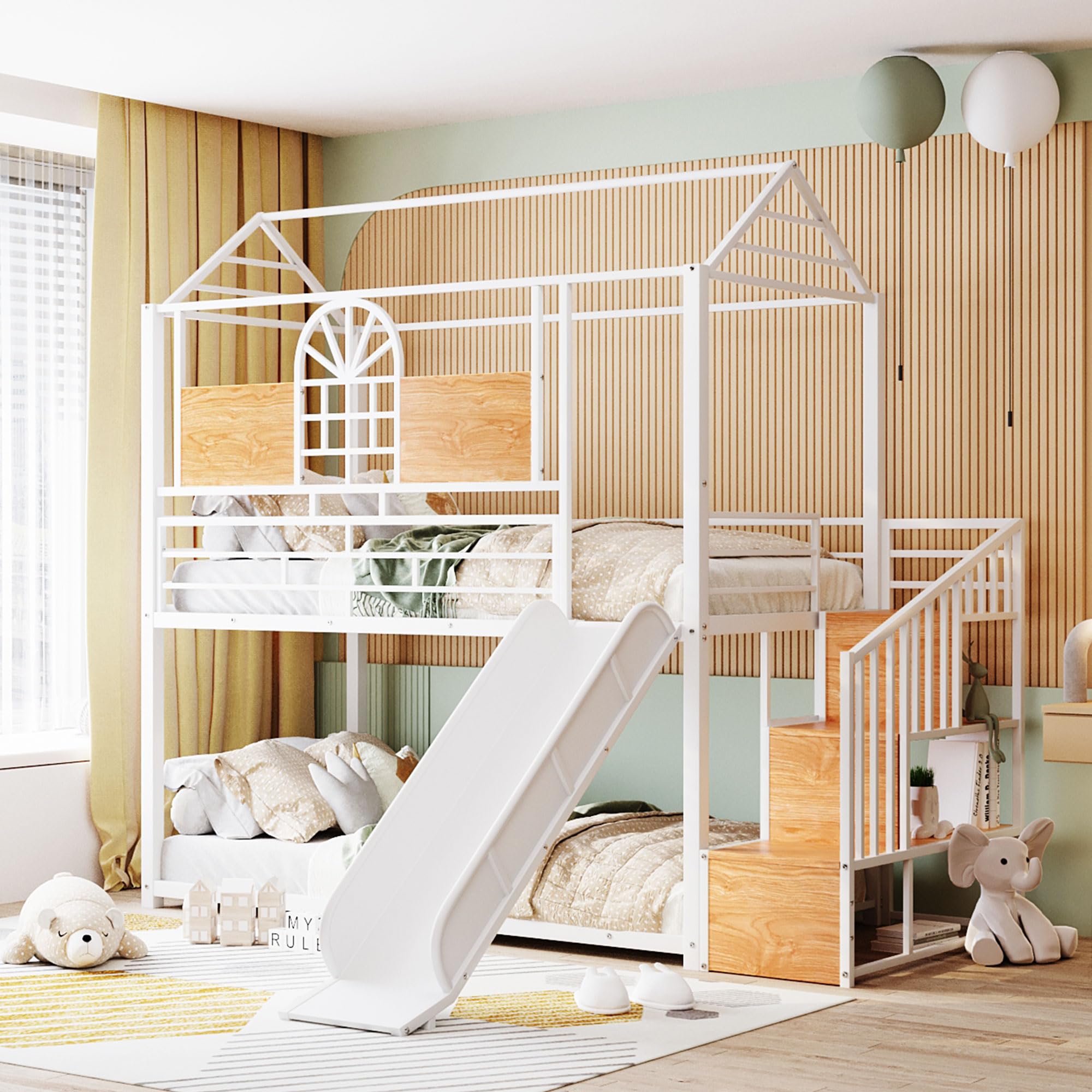 Twin Over Twin Low Bunk Bed with Slide & Stairs - Sturdy Metal Frame Kids Bunk Bed with Storage Shelves for Boys, Girls & Teens - Perfect for Small Bedrooms, Shared Kids Rooms & Sleepovers - White