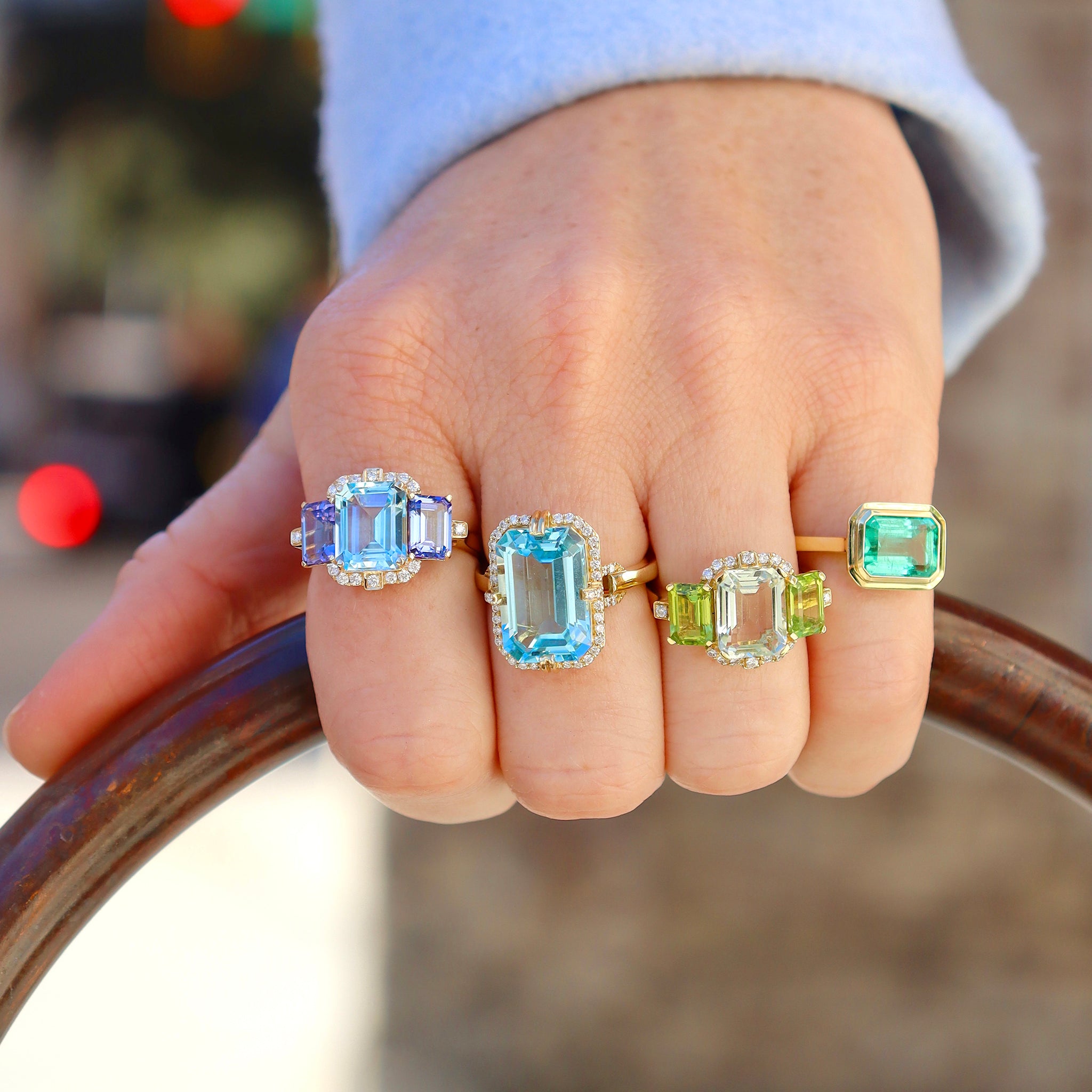 Goshwara 3 Stone Blue Topaz & Tanzanite 18K Gold Ring for Women | Elegant Birthstone Jewelry Gift for Anniversary, Engagement & Special Occasions