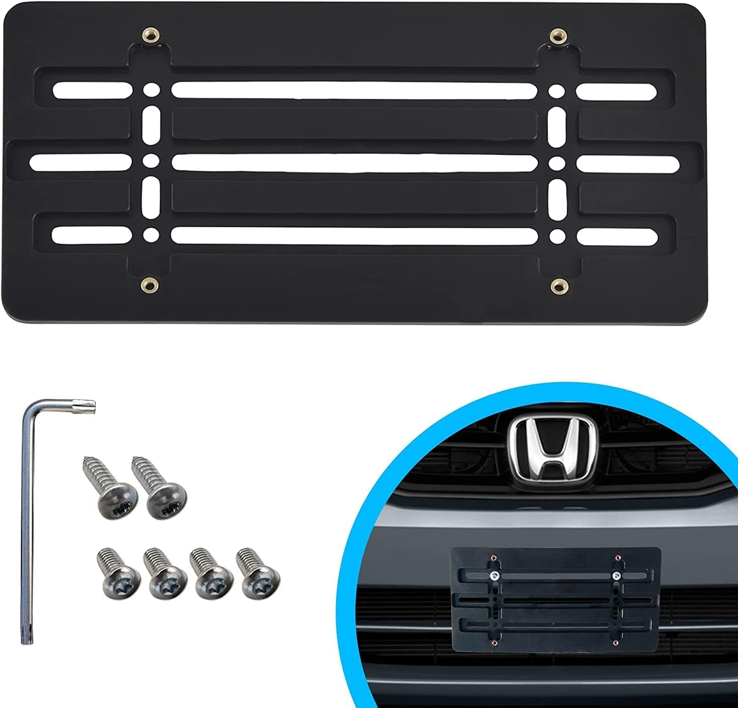 Honda Front Bumper License Plate Bracket 2000-2022 - Universal Plate Holder Set with 6 Screw Bolts & Wrench Kit - Durable License Tag Mounting Accessories for Cars, SUVs & Trucks - Perfect for Parking, Registration & Customization