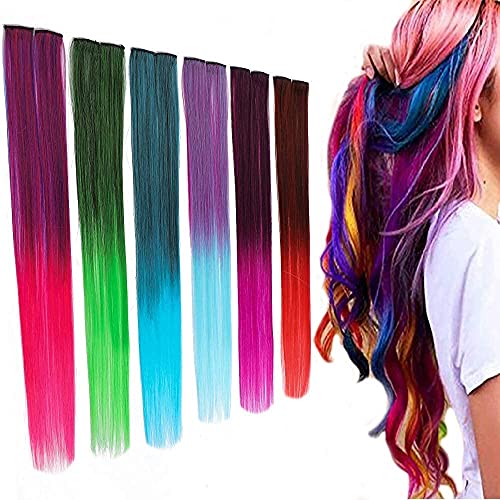 AB Beauty House Party Highlights Clip-in Synthetic Hair Extensions - Heat Resistant Double Weft Human-Like Hair Extensions in 6 Colors (6-Piece Straight Set) for Parties, Cosplay & Daily Styling