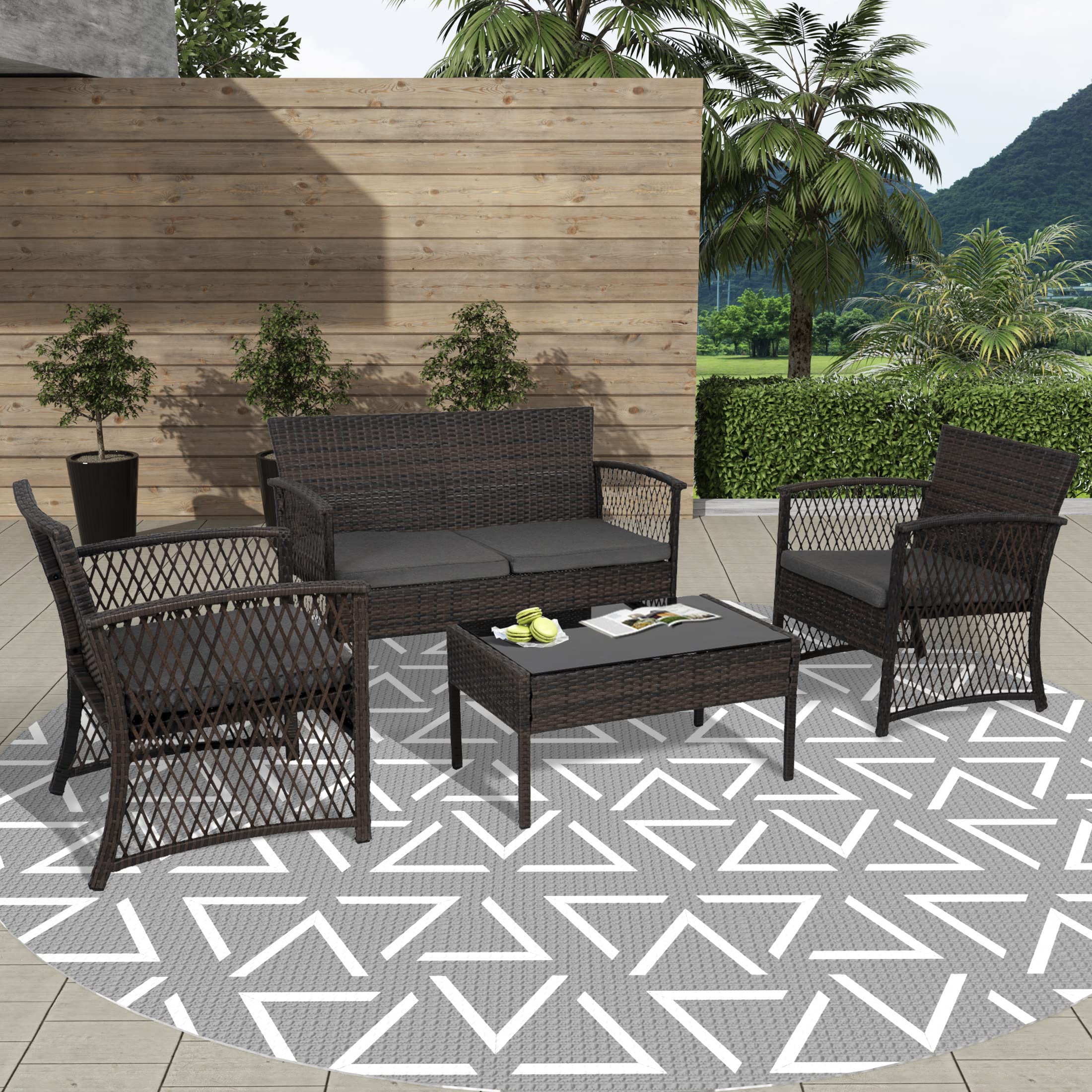 WestinTrends Melvi 4-Piece All-Weather PE Rattan Patio Furniture Set with Tempered Glass Coffee Table - Outdoor Wicker Chairs & Loveseat in Coffee & Gray for Garden, Poolside & Backyard Relaxation
