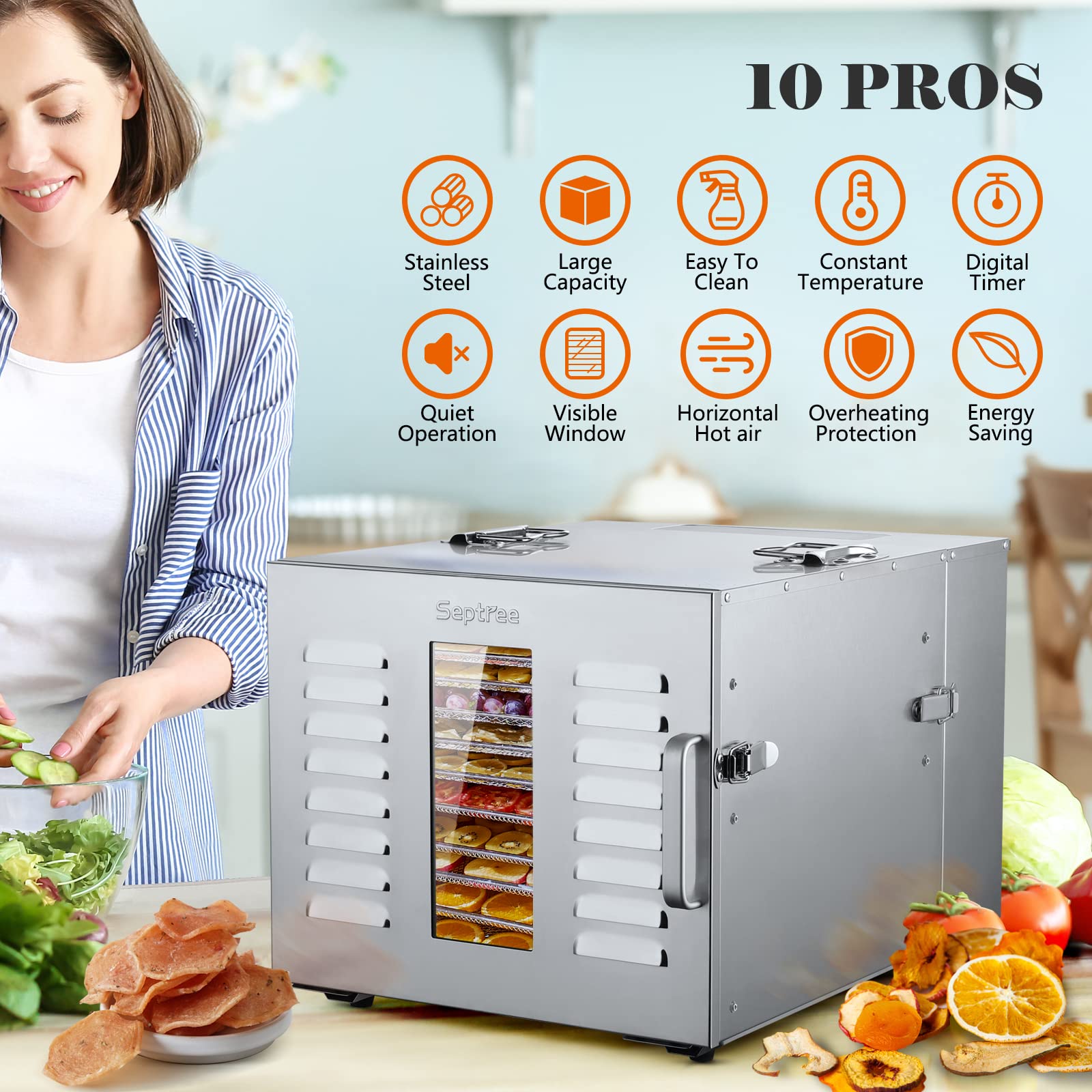Commercial 10-Tray Stainless Steel Food Dehydrator - 1000W, 17ft² Drying Area, 190℉ Adjustable Temp - Perfect for Meat, Fruit, Beef Jerky, Herbs & Pet Treats - Ideal for Home Kitchens, Restaurants & Food Preservation Businesses