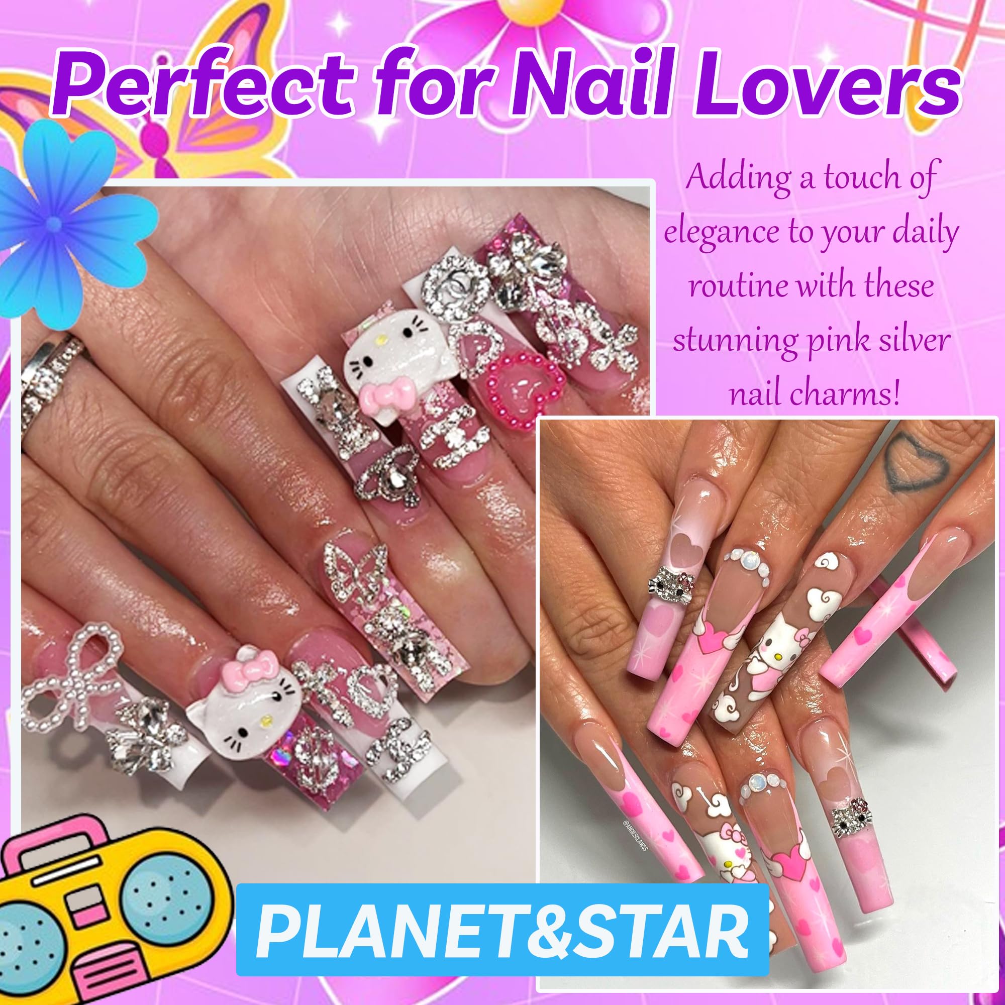 52 PCS 3D Nail Charms Set - Y2K Butterfly, Star, Cherry, Planet, Heart, Cross & Dollar Designs - Silver Chrome Rhinestones for Acrylic Nails & Nail Art - Perfect for DIY Manicures, Salon Use & Kawaii Nail Designs