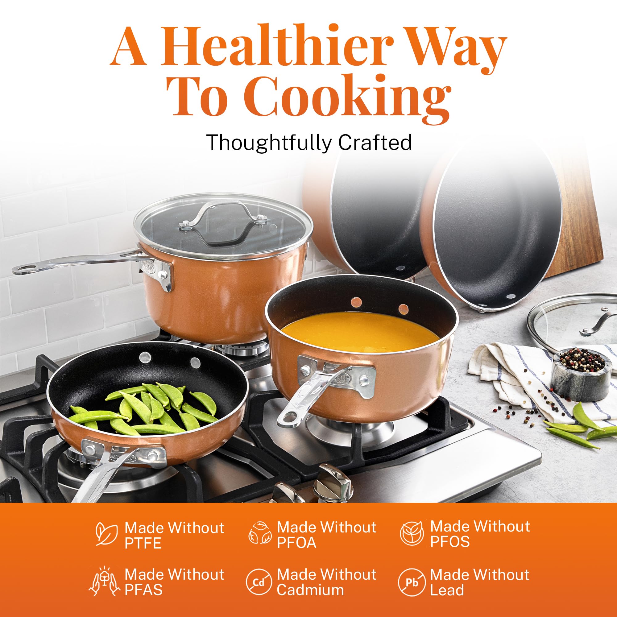 GOTHAM STEEL 10-Piece Copper Nonstick Cookware Set - Non-Toxic, Oven & Dishwasher Safe Pots and Pans with Frying Pan - Space Saving Kitchen Cookware for Baking, Frying & Everyday Cooking
