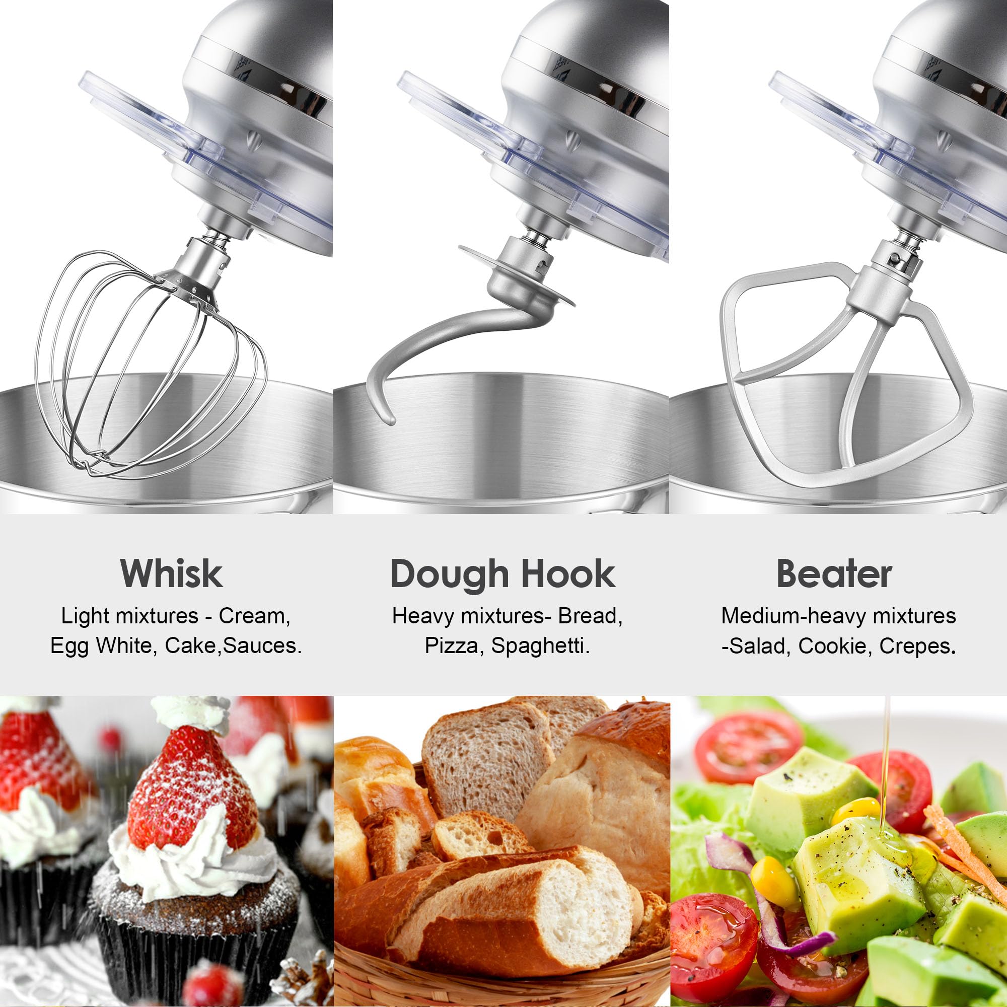 Aucma 6.5-QT 660W Stand Mixer - 6-Speed Tilt-Head Electric Kitchen Mixer with Dough Hook, Wire Whip & Beater (Silver) - Perfect for Baking Cakes, Cookies, Bread & More