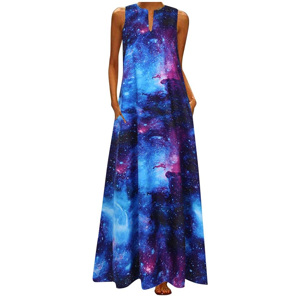 FABIURT Women's Summer Butterfly Print V-Neck Sleeveless Maxi Dress with Pockets - Casual Flowy Long Dress for Beach Vacation, Date Night & Outdoor Parties