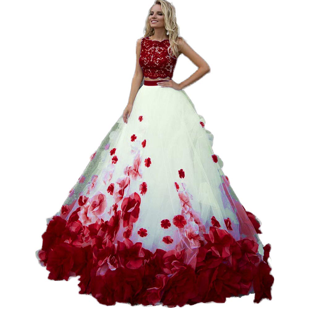 Handmade Red Sleeveless Floral Ball Gown Two-Piece Formal Prom Dress for Quinceanera - Elegant Evening Gowns for Prom, Homecoming, and Special Occasions