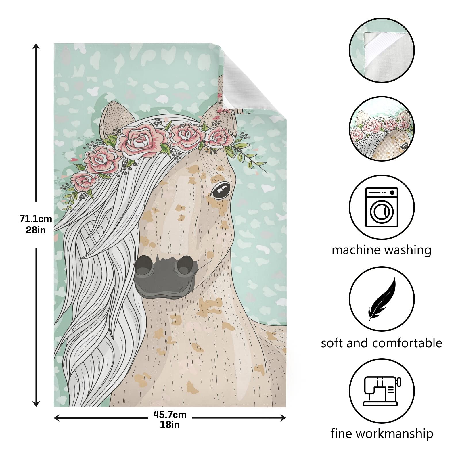 Fairytale Horse with Flowers Set of 6 Polyester Kitchen Dish Towels - Hemmed Waffle Weave Dishcloths, Hand & Bar Tea Towels with Hanging Loop for Kitchen, Dining & Hostess Gifts