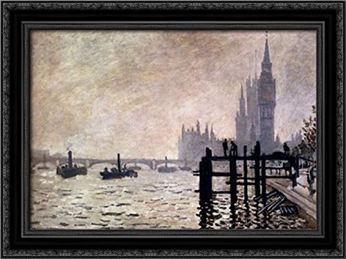 Claude Monet Framed Canvas Art - The Thames and Houses of Parliament 24x18 Inch Black Ornate Wood Wall Decor | Perfect for Living Room, Bedroom, Office & Gallery Display