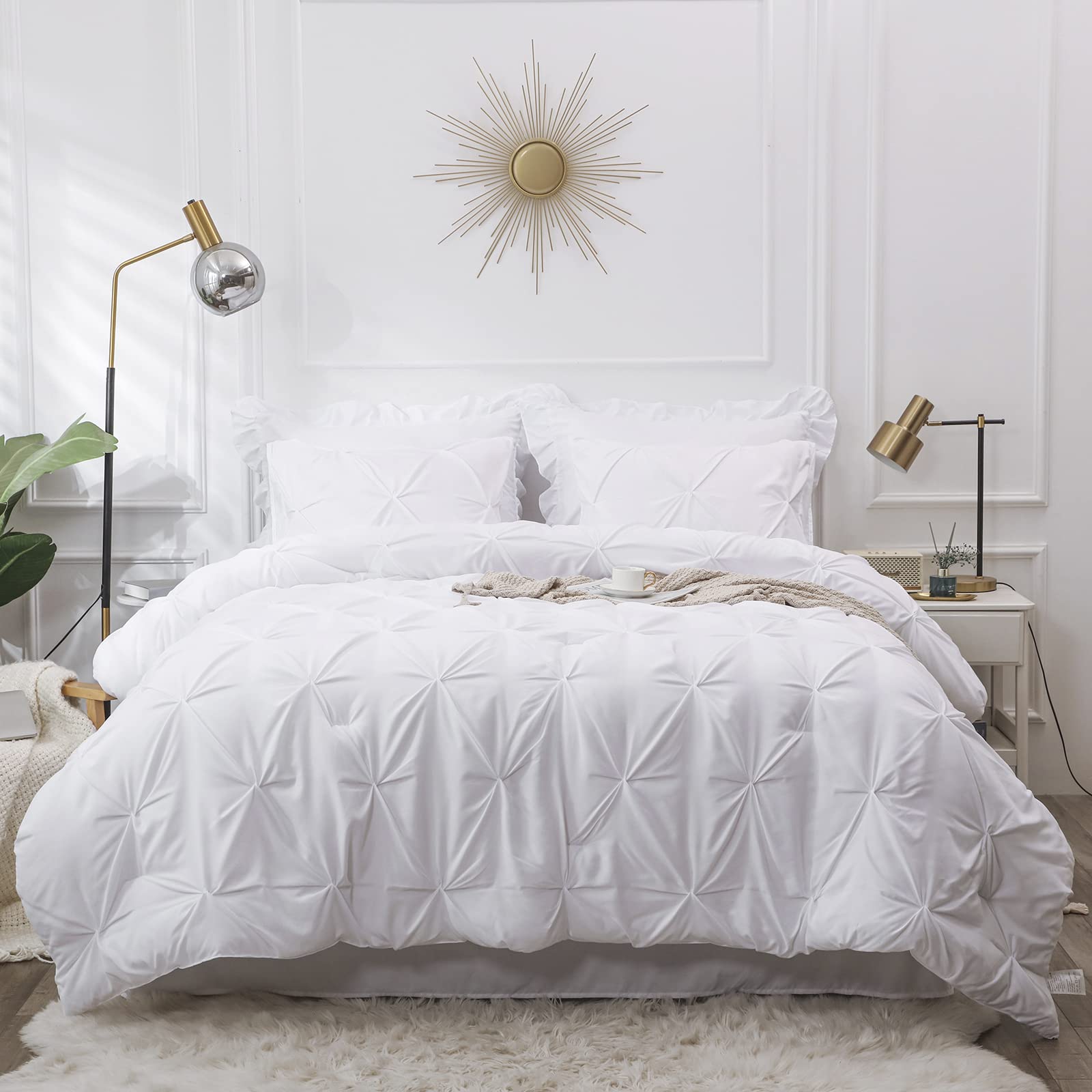 LUCKYBULL 8-Piece Queen Comforter Set - Fluffy Microfiber Down Alternative Bedding with Pintuck & Pinch Pleat Design, Soft Textured White Bed in a Bag - Perfect for Cozy Bedrooms, Guest Rooms & Dorm Decor