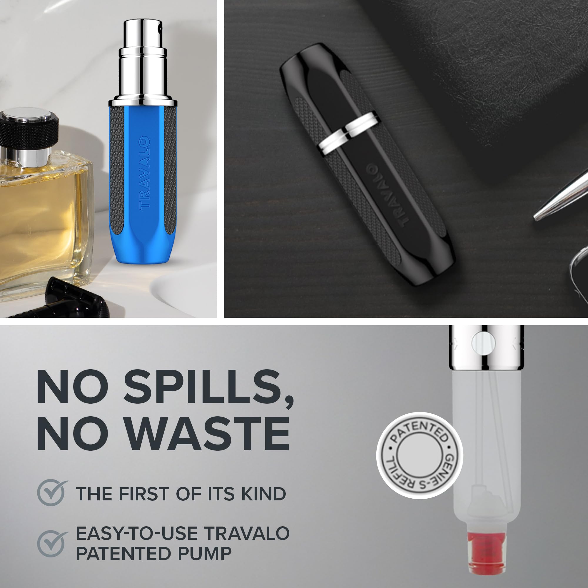 TSA Approved Travalo Vector Perfume Atomizer Bundle - Refillable Mini Sprayer for Cologne & Aftershave | Lightweight Metal Case in Silver, Blue, Black (3 Pack, 0.17oz) - Perfect for Travel, Gym & On-The-Go Fragrance Touch-Ups