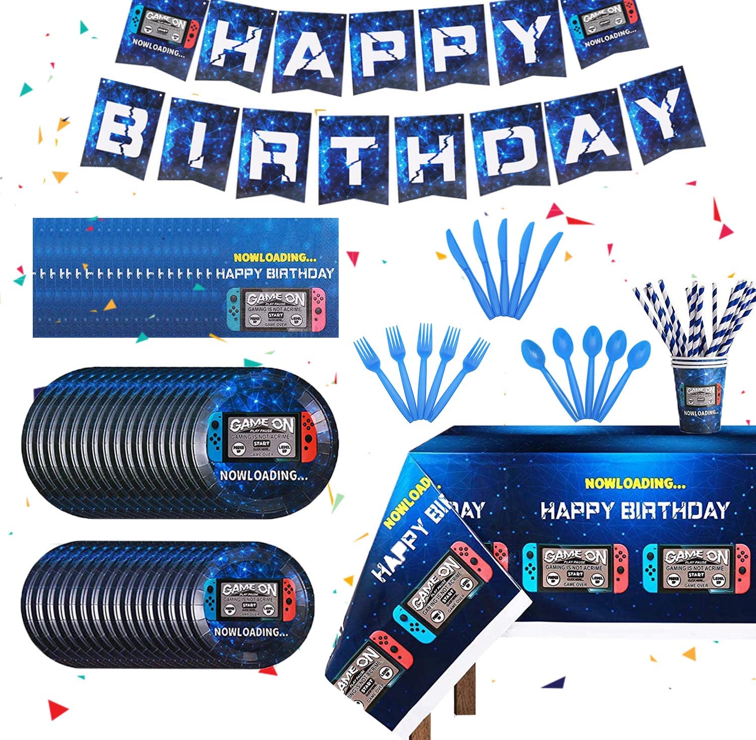 162CT Video Game Party Supplies Set - Includes Paper Plates, Cups, Straws, Napkins, Utensils, Table Cover & Banner | Perfect for Video Game Themed Birthday Parties & Events | Serves 20 Guests | Great for Gaming Parties, Streamer Events & Esports Celebrations