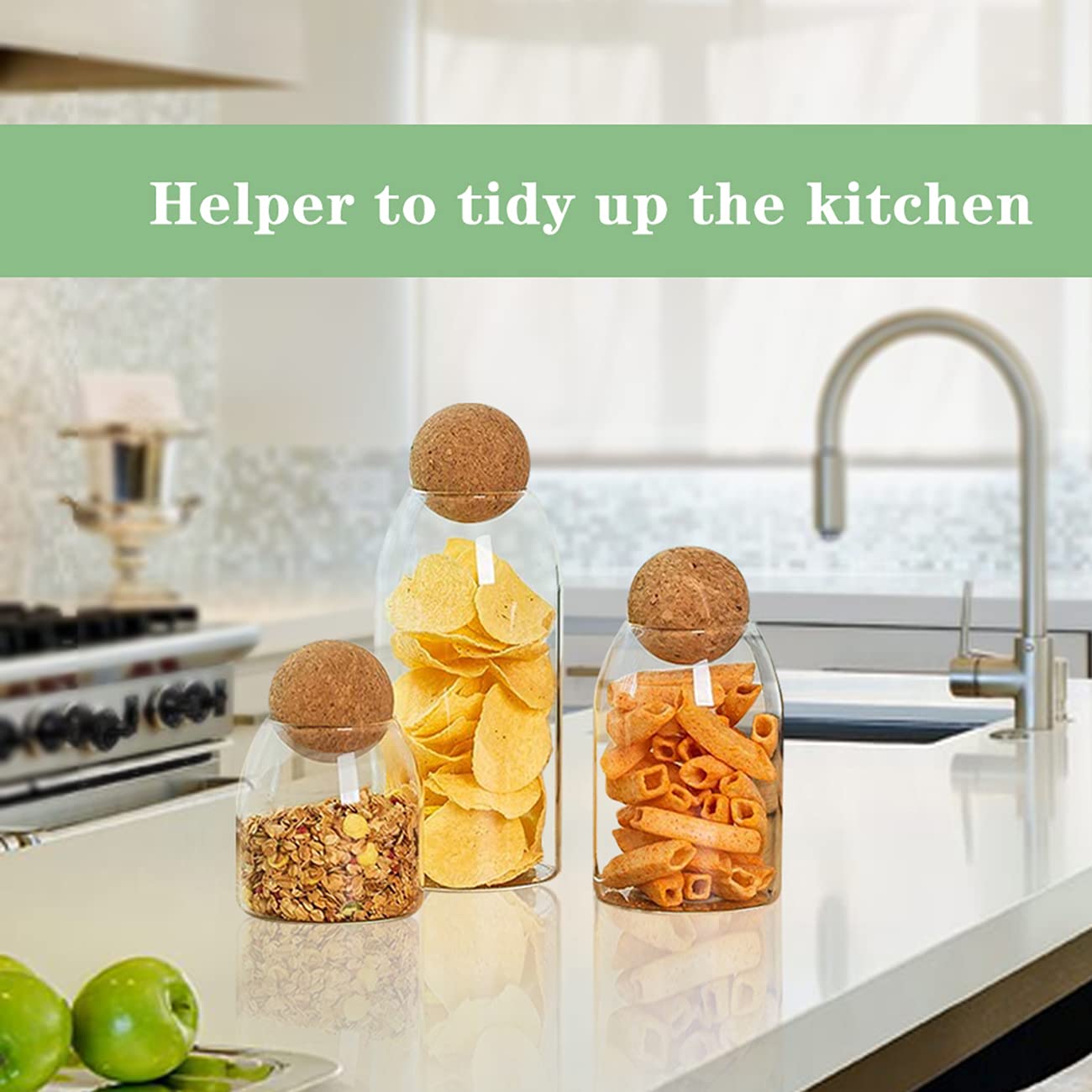 3-Piece Glass Jars with Cork Ball Lids - Airtight Clear Kitchen Storage Containers for Coffee, Spices, Sugar, Rice, Candy | Perfect for Pantry Organization, Home Decor & Gift Giving