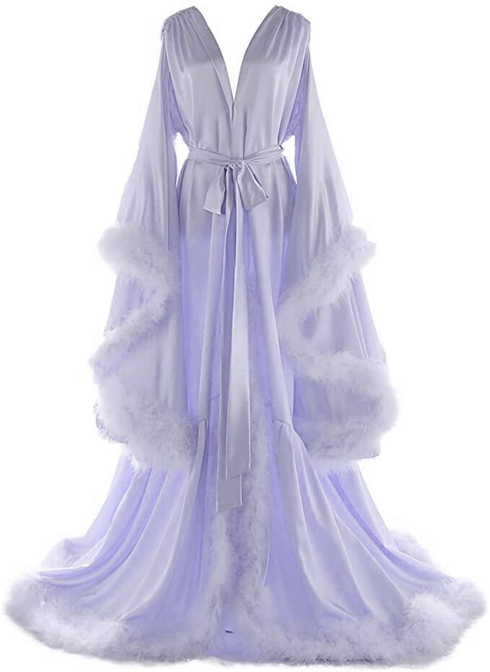 Elegant Women's Feather Bridal Robe - Old Hollywood Style Silk Maternity Photoshoot Nightgown & Lingerie Bathrobe for Wedding, Honeymoon & Boudoir Photography