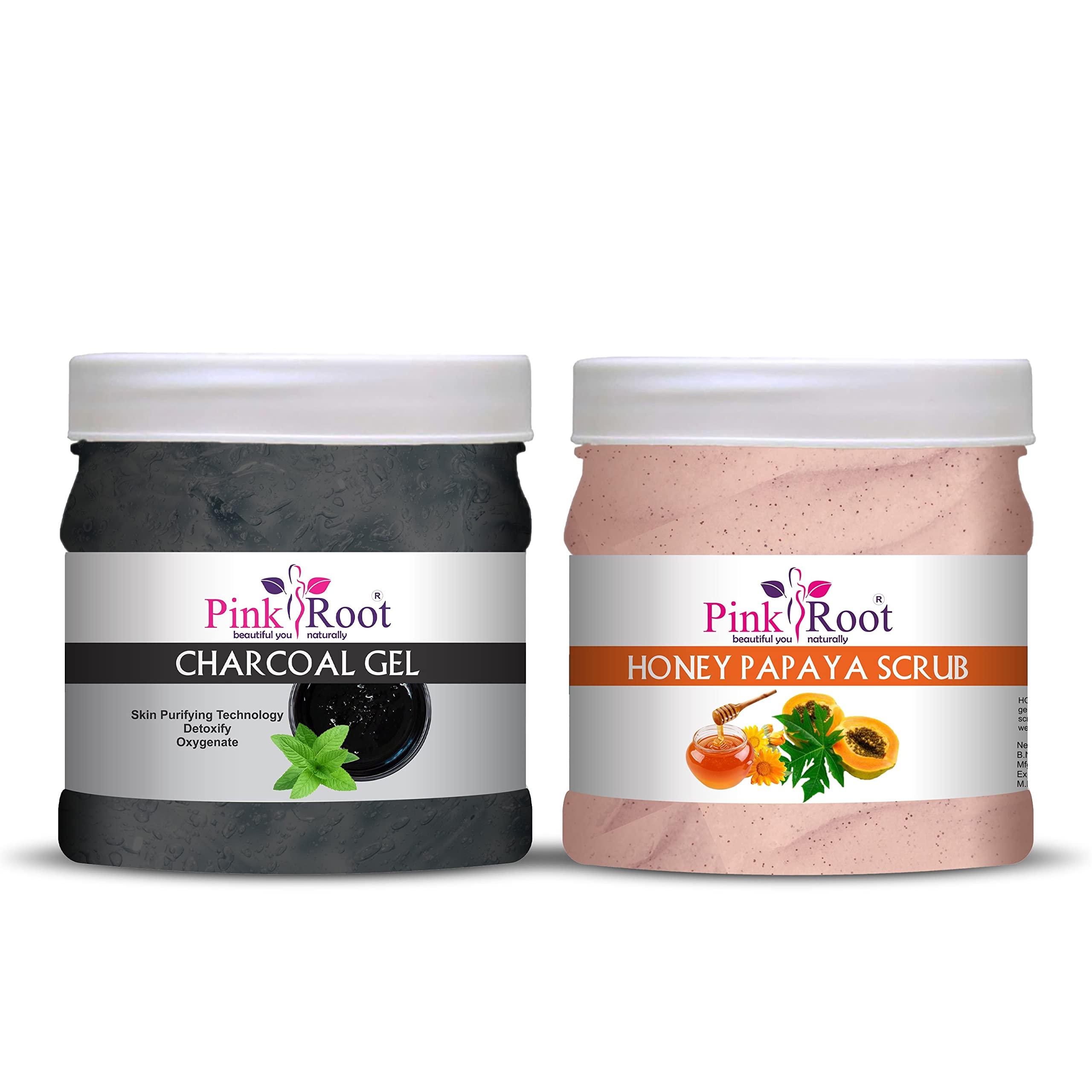 Pink Root Charcoal Gel & Honey Papaya Scrub Set - 500ml Each | Deep Cleansing & Exfoliating Face Wash for Acne & Blackheads | Perfect for Daily Skincare Routine & Spa Day at Home