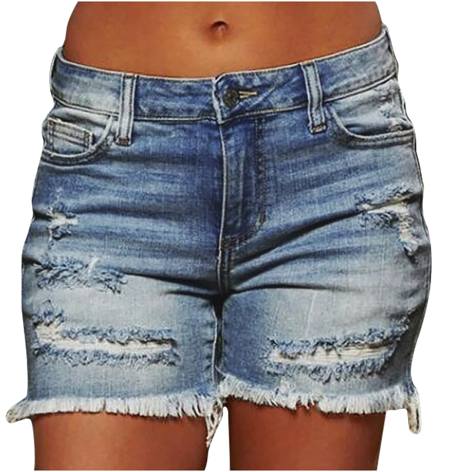 hlysgo Women's Mid Rise Ripped Stretchy Denim Shorts with Frayed Raw Hem - 2024 Summer Casual Jean Shorts for Outdoor Adventures and Beach Days
