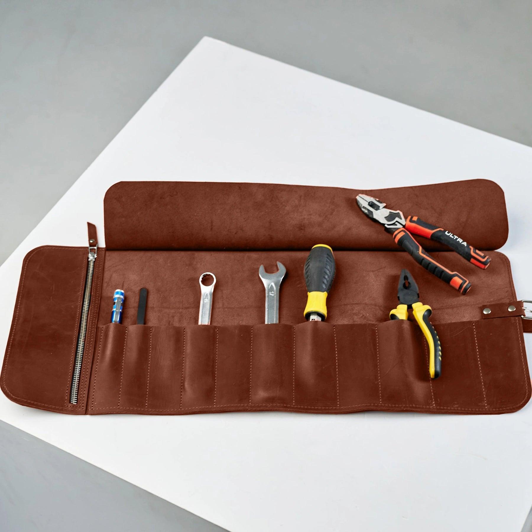 Premium Leather Tool Roll Organizer - Durable & Compact for Wrenches, Screwdrivers & More - Perfect for Mechanics, DIY Enthusiasts & On-the-Go Repairs