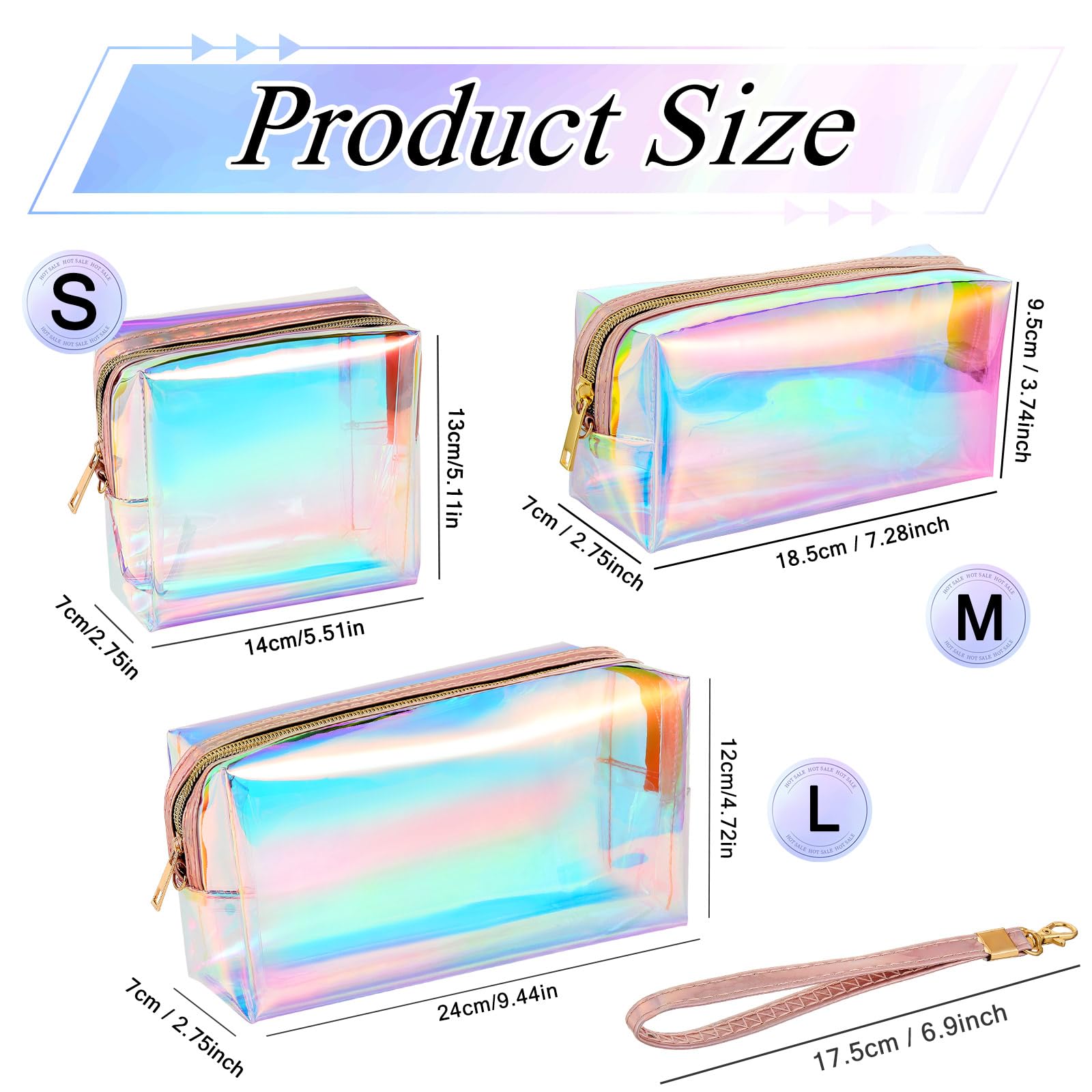 8 Pack Holographic Clear Makeup Bags with Zipper - Waterproof Travel Cosmetic Organizer, Iridescent Toiletry Pouch with Wrist Loop for Women - Perfect for Vacation, Gym, Office, Diaper Storage & Gift Giving (Large Size)